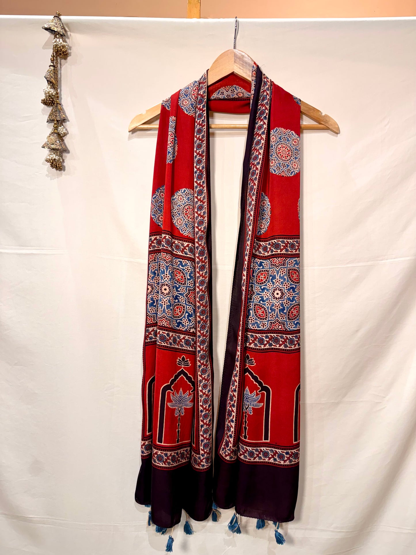 Red Ajrakh Modal Silk Stole – Hand Block with Natural Dyes-POORA Chand
