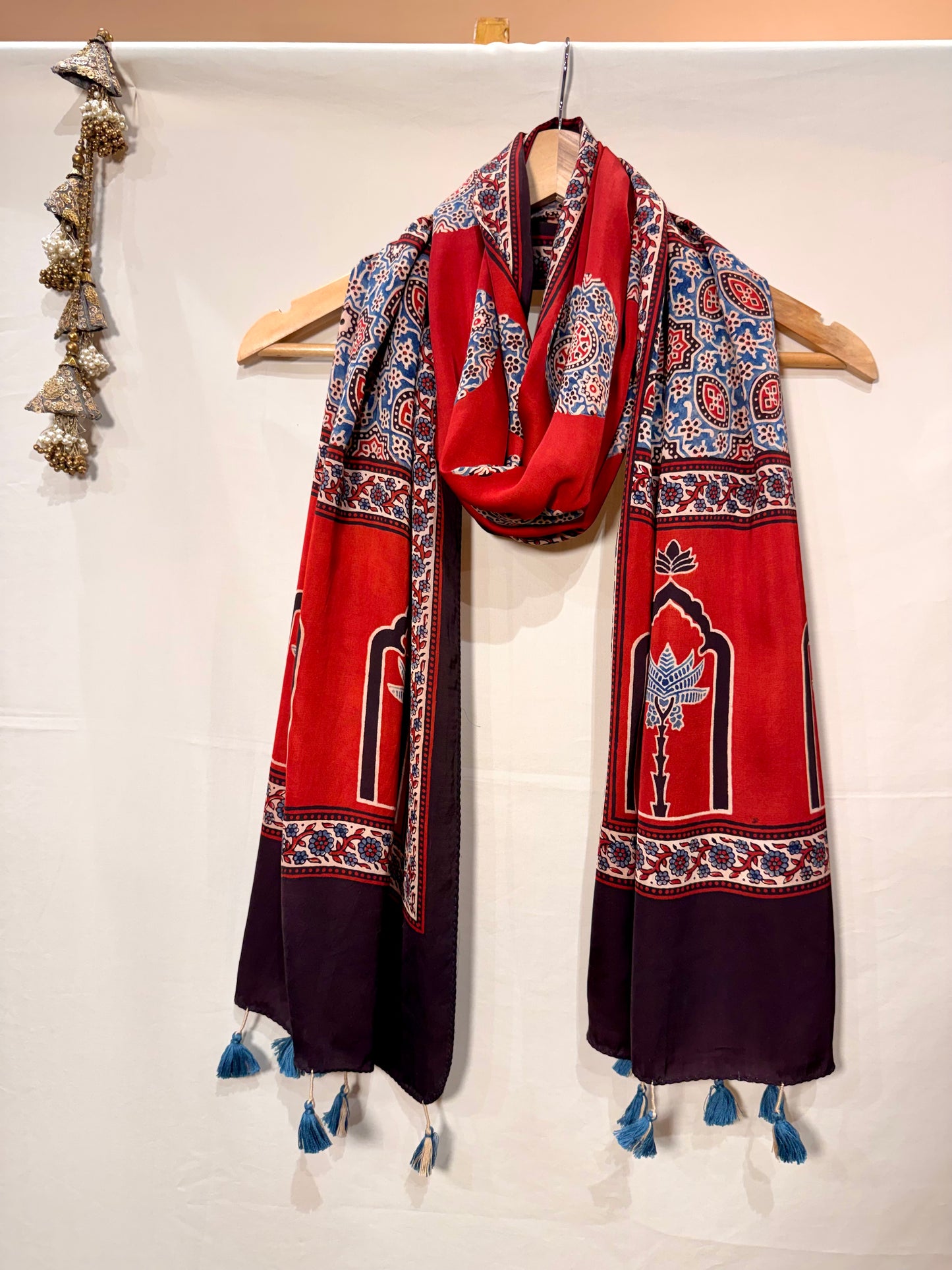 Red Ajrakh Modal Silk Stole – Hand Block with Natural Dyes-POORA Chand