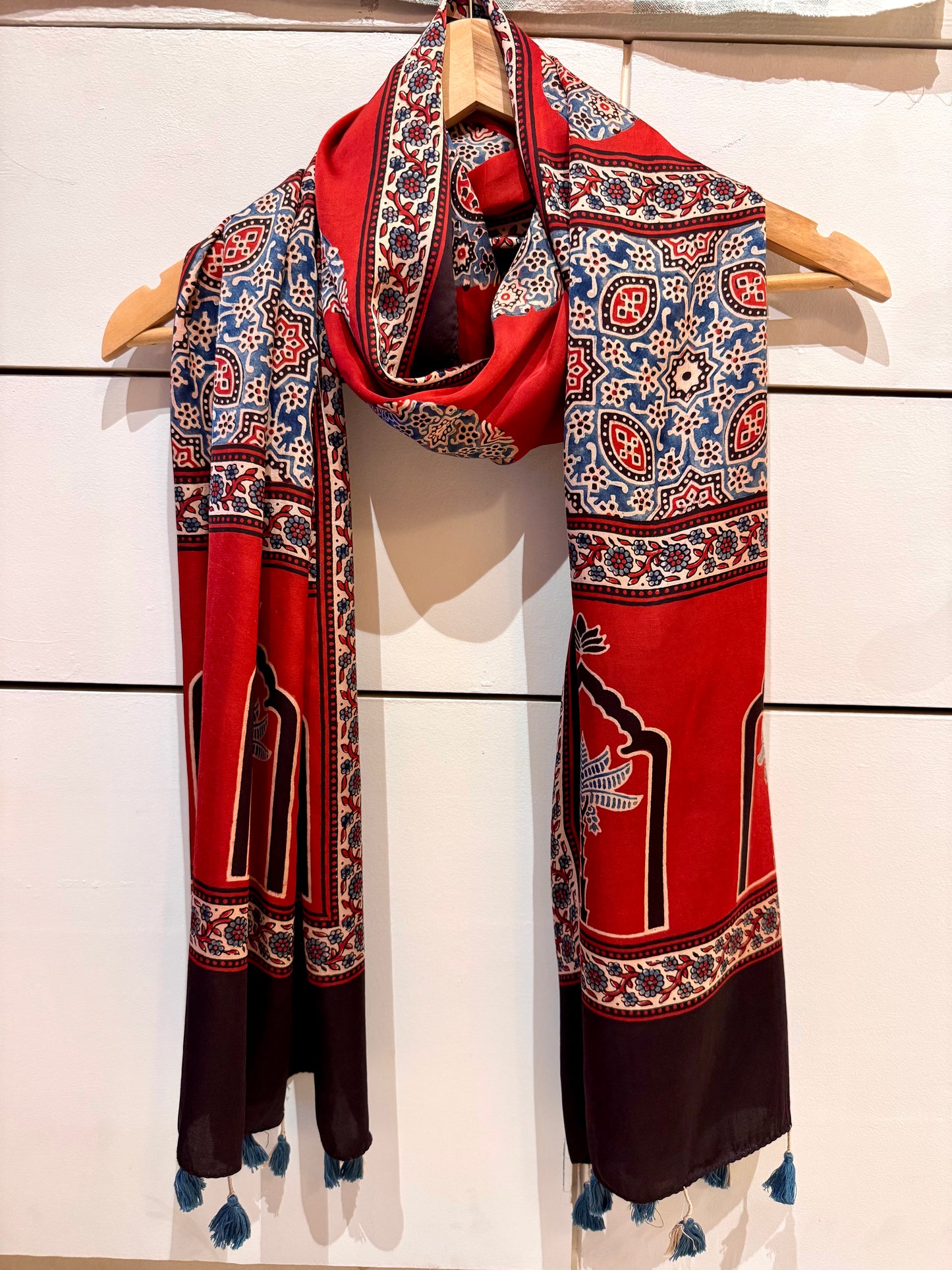 Red Ajrakh Modal Silk Stole – Hand Block with Natural Dyes-POORA Chand