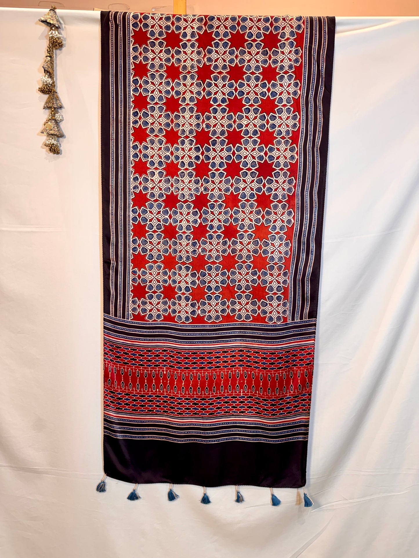 Red Ajrakh Modal Silk Stole – Hand Block with Natural Dyes-NEELE PHOOL