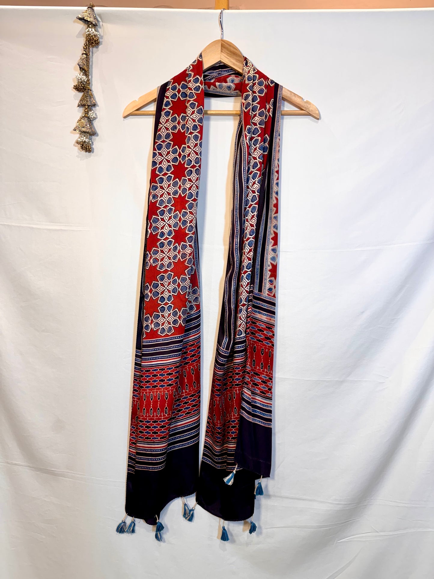 Red Ajrakh Modal Silk Stole – Hand Block with Natural Dyes-NEELE PHOOL