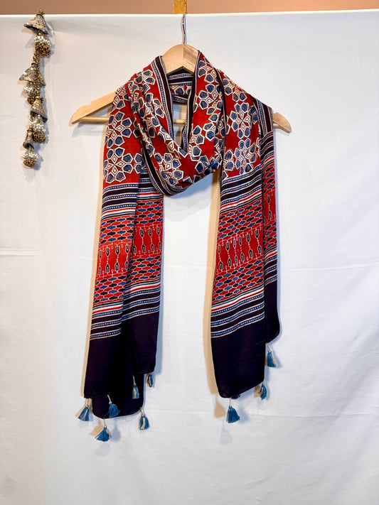 Red Ajrakh Modal Silk Stole – Hand Block with Natural Dyes-NEELE PHOOL