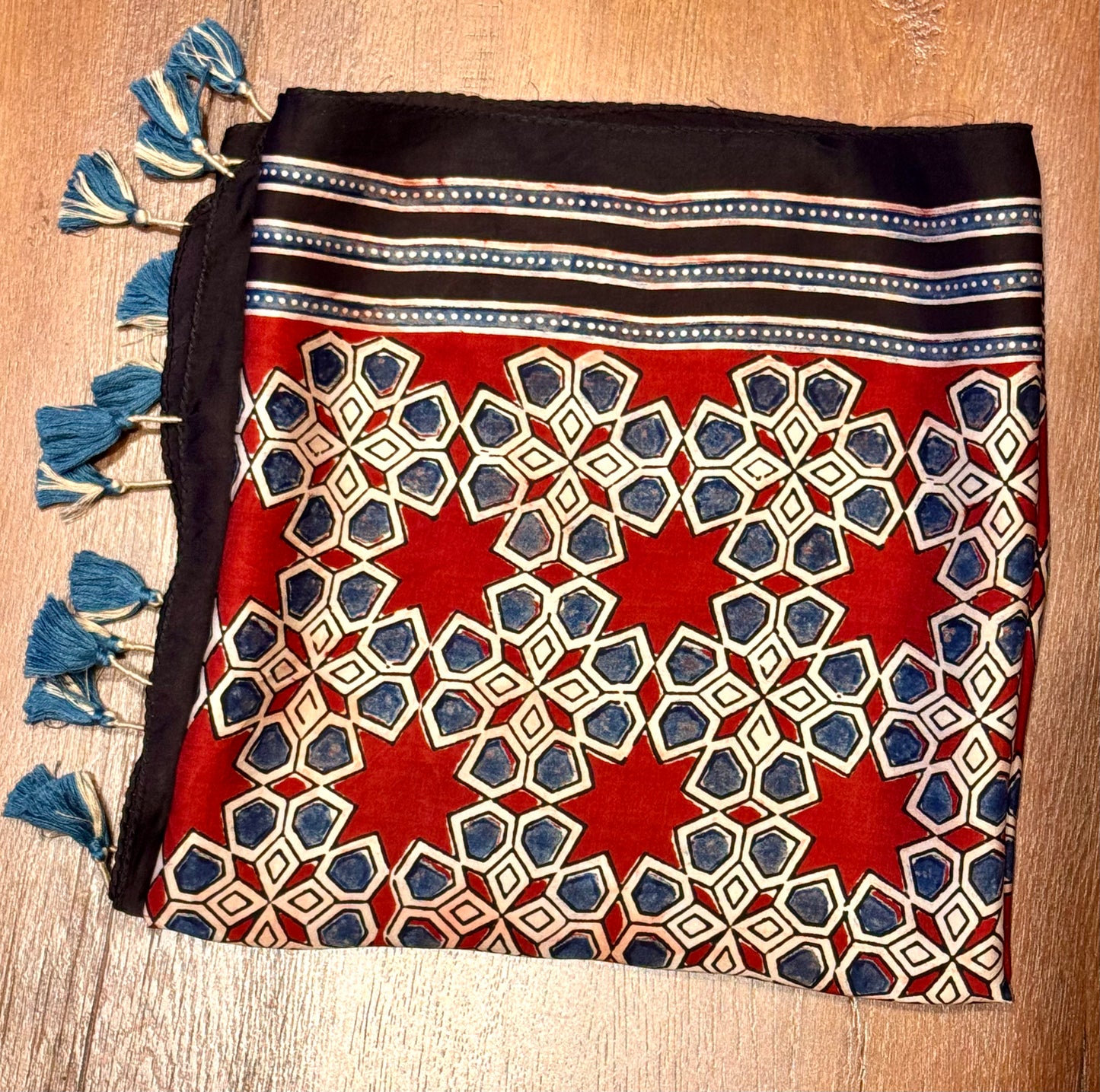 Red Ajrakh Modal Silk Stole – Hand Block with Natural Dyes-NEELE PHOOL