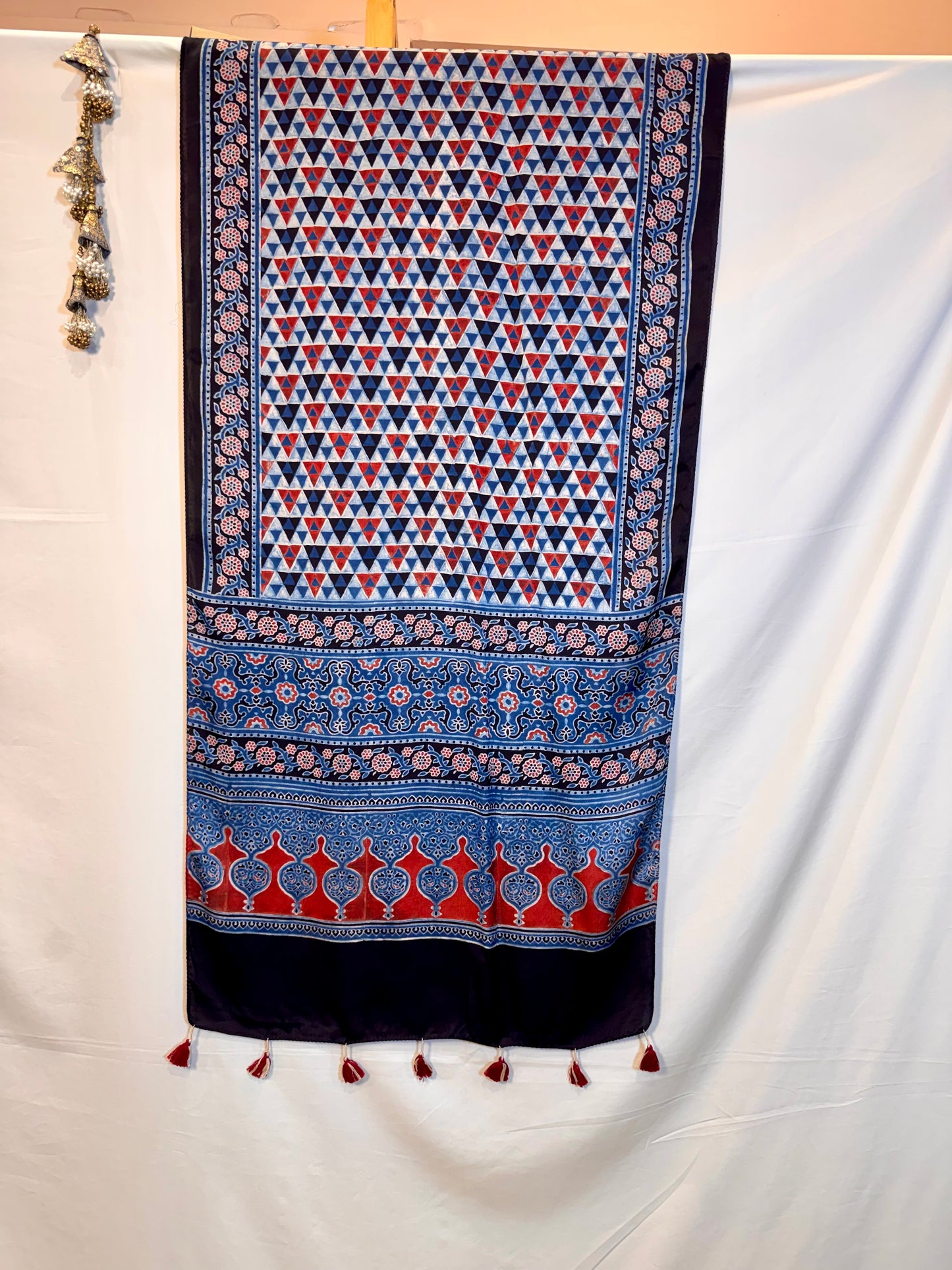 Indigo and Red Ajrakh Modal Silk Stole – Hand Block with Natural Dyes- TIKONE
