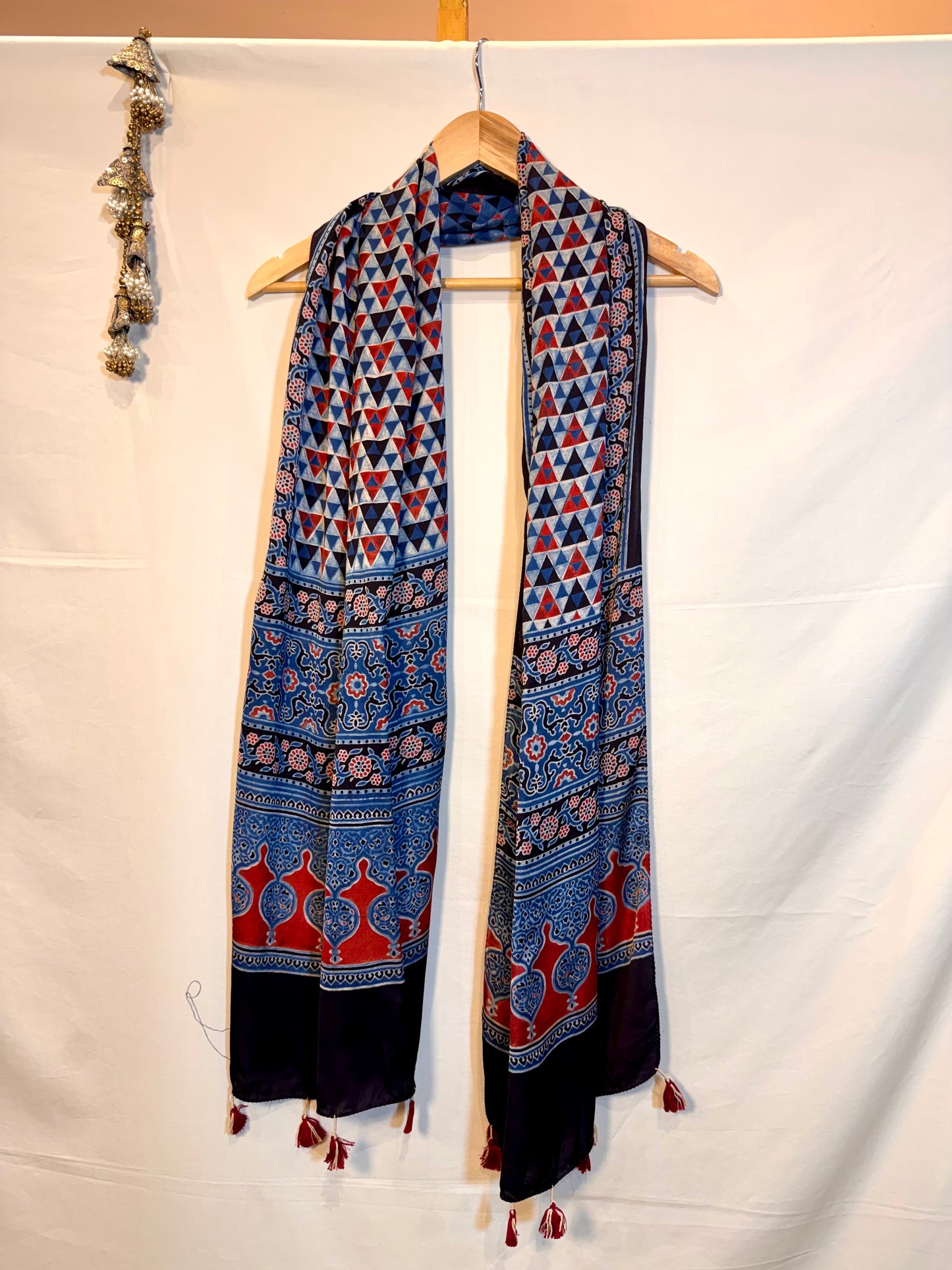 Indigo and Red Ajrakh Modal Silk Stole – Hand Block with Natural Dyes- TIKONE