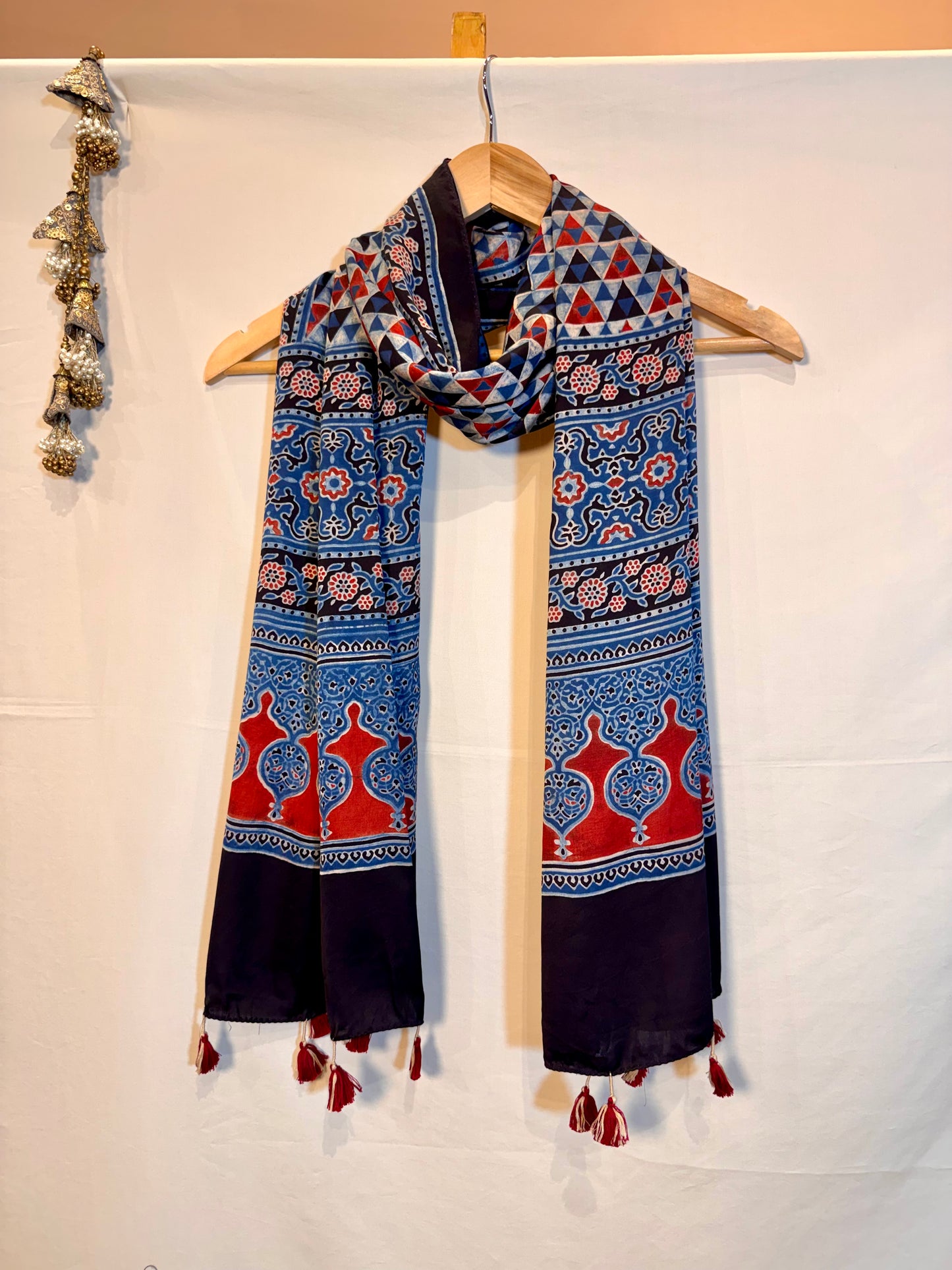 Indigo and Red Ajrakh Modal Silk Stole – Hand Block with Natural Dyes- TIKONE