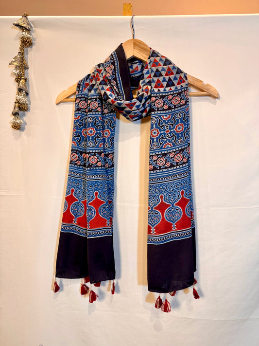 Indigo and Red Ajrakh Modal Silk Stole – Hand Block with Natural Dyes- TIKONE