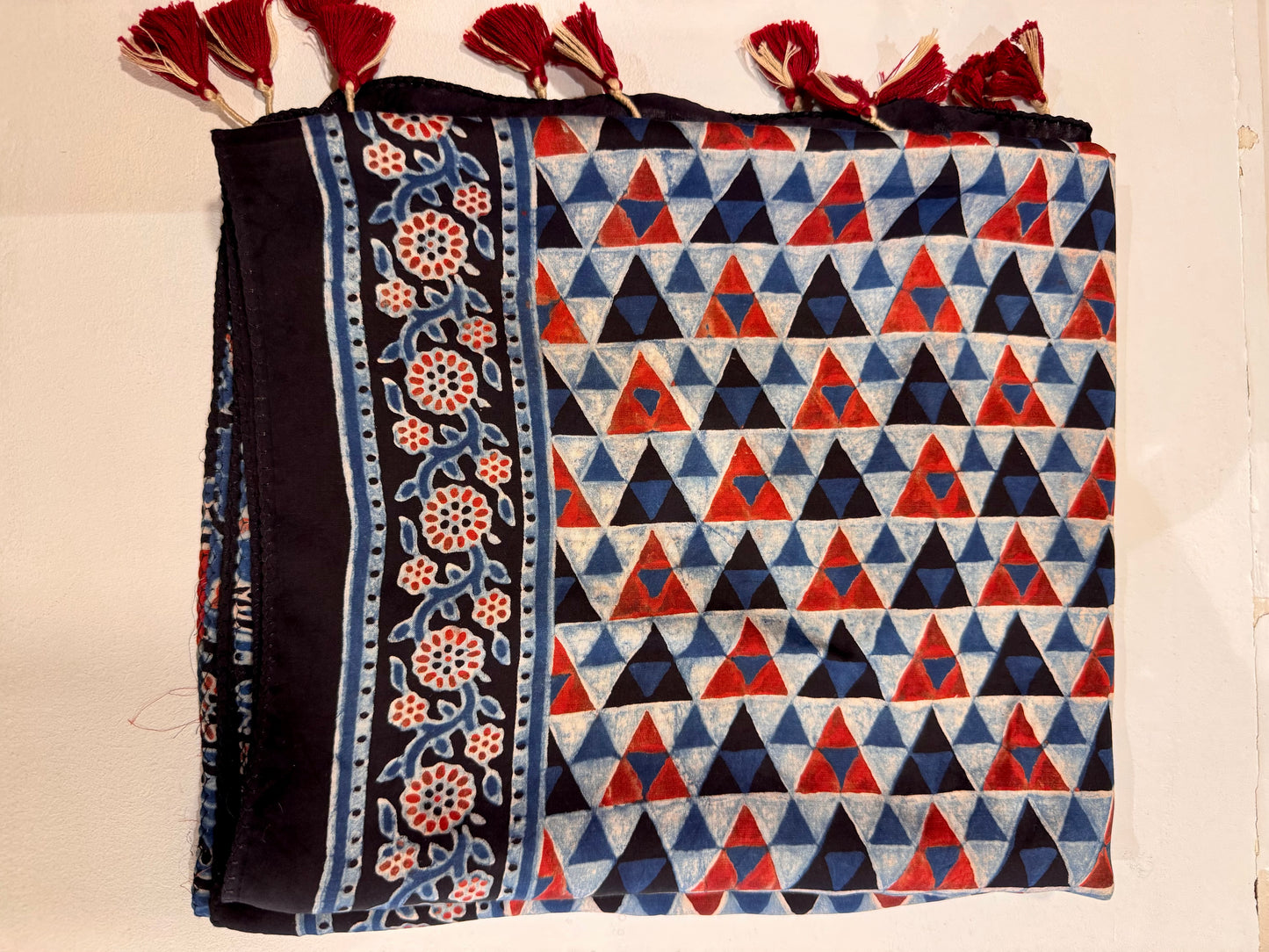 Indigo and Red Ajrakh Modal Silk Stole – Hand Block with Natural Dyes- TIKONE