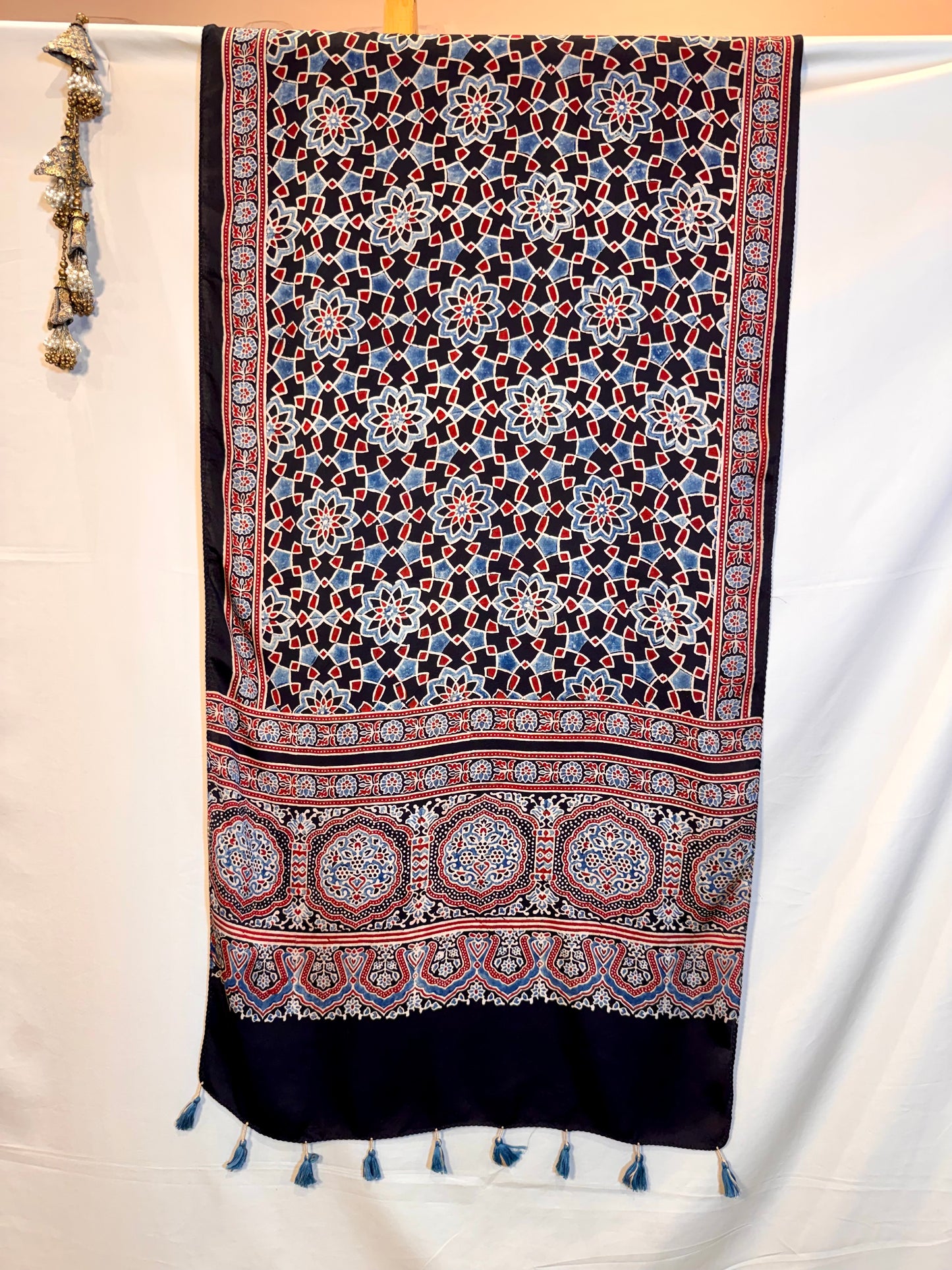 Black and Red Ajrakh Modal Silk Stole – Hand Block with Natural Dyes- TAARE