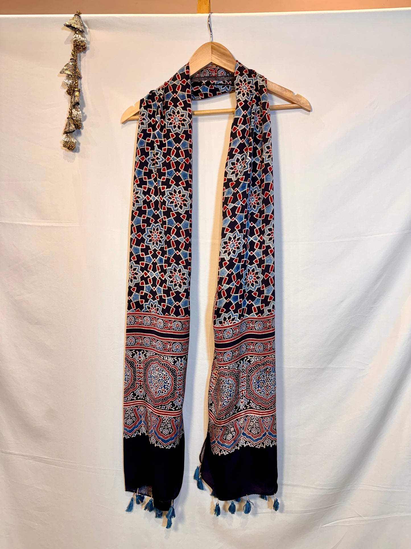 Black and Red Ajrakh Modal Silk Stole – Hand Block with Natural Dyes- TAARE