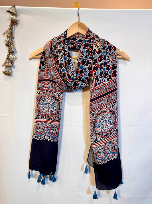 Black and Red Ajrakh Modal Silk Stole – Hand Block with Natural Dyes- TAARE