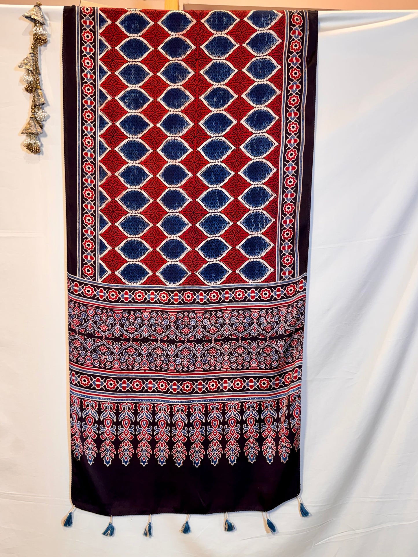 Red and Indigo Ajrakh Modal Silk Stole – Hand Block with Natural Dyes- OVAL