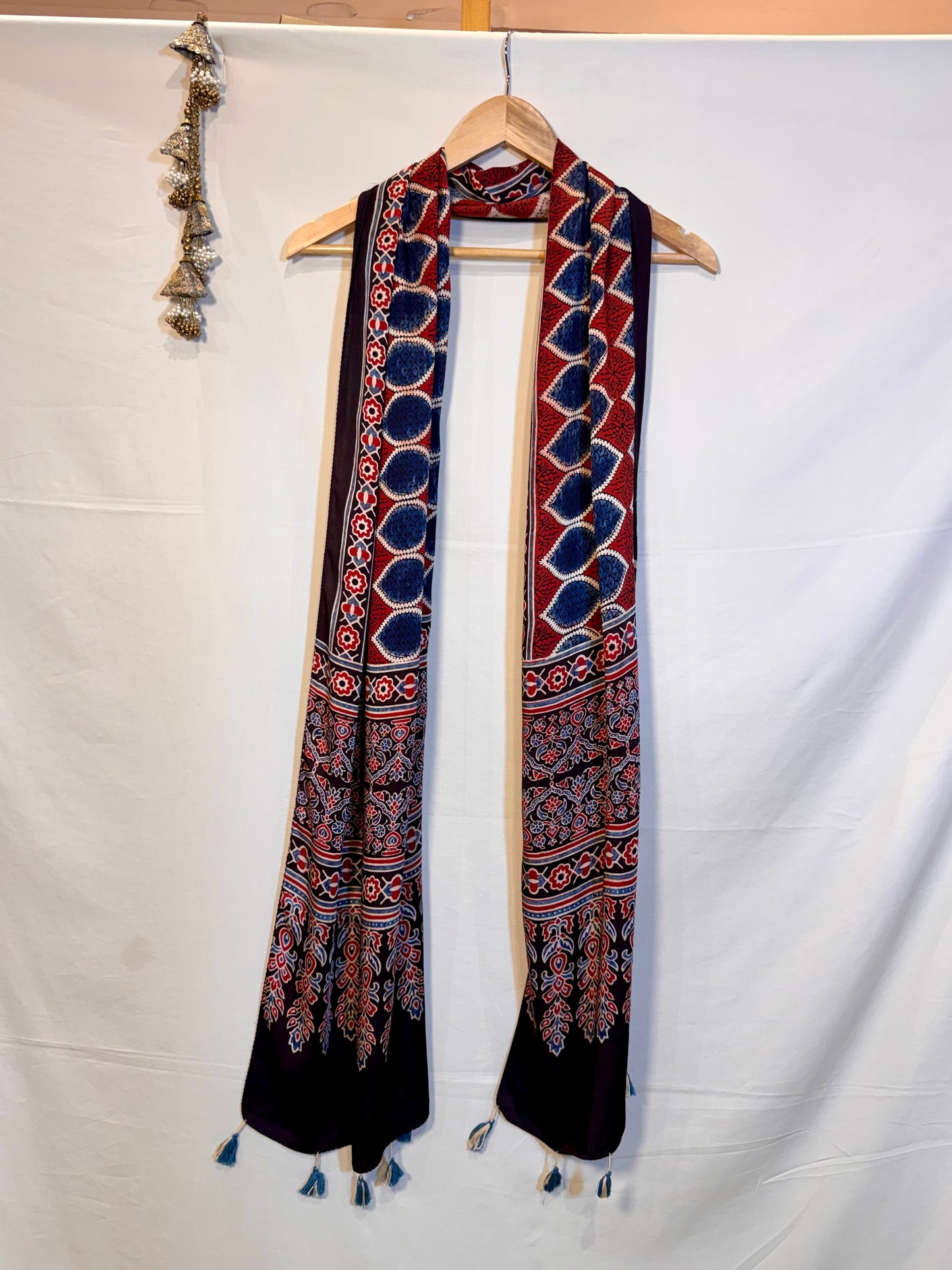 Red and Indigo Ajrakh Modal Silk Stole – Hand Block with Natural Dyes- OVAL