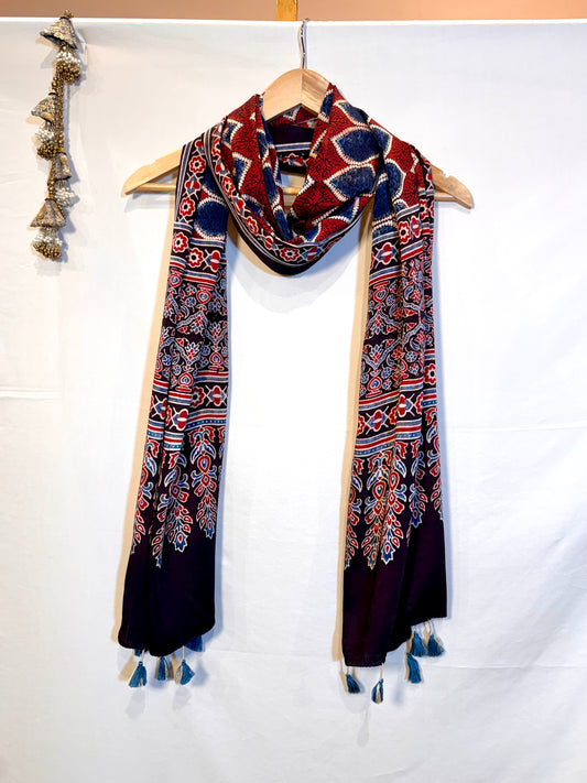 Red and Indigo Ajrakh Modal Silk Stole – Hand Block with Natural Dyes- OVAL