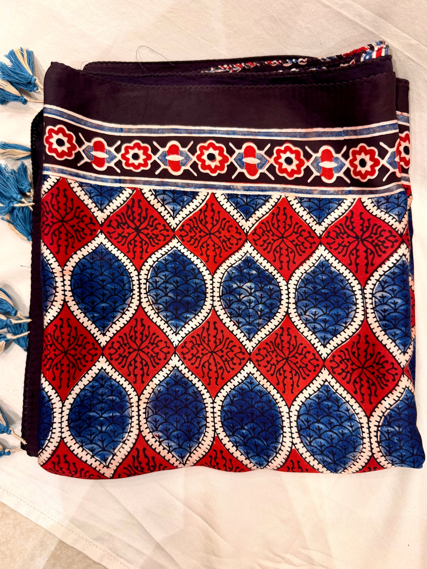 Red and Indigo Ajrakh Modal Silk Stole – Hand Block with Natural Dyes- OVAL