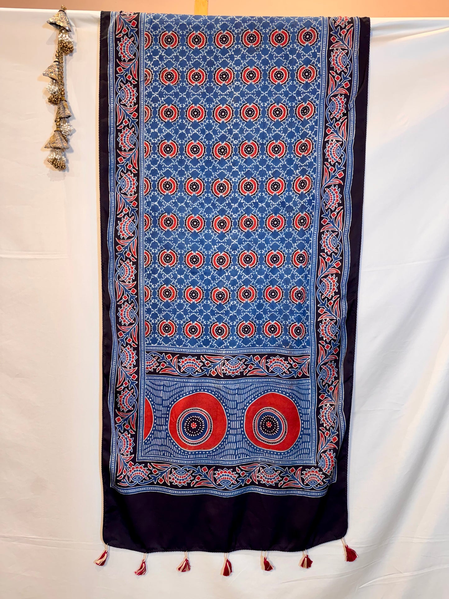 Indigo Ajrakh Modal Silk Stole – Hand Block with Natural Dyes- GOL