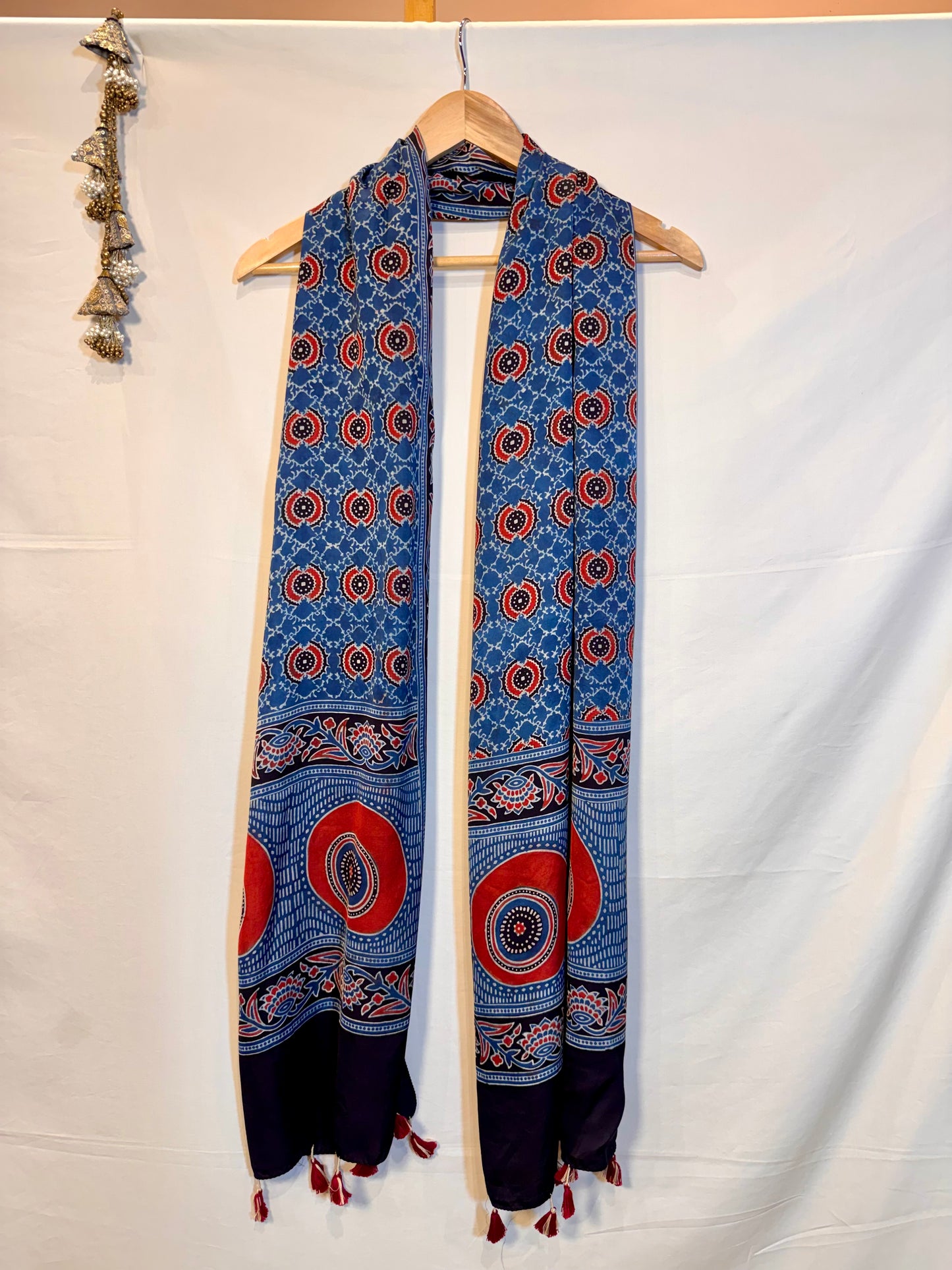 Indigo Ajrakh Modal Silk Stole – Hand Block with Natural Dyes- GOL