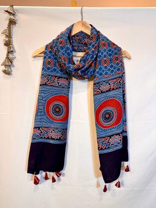Indigo Ajrakh Modal Silk Stole – Hand Block with Natural Dyes- GOL