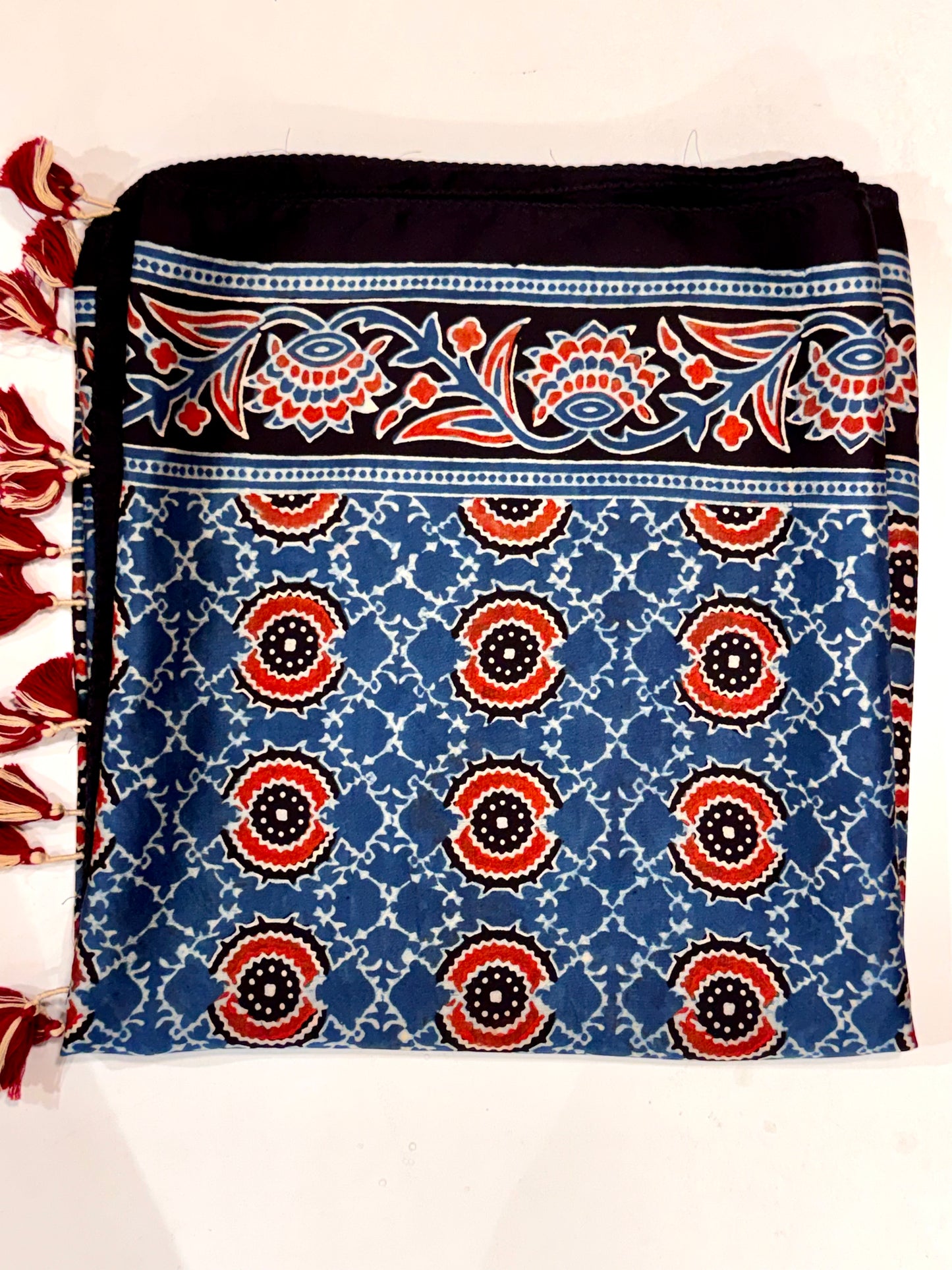 Indigo Ajrakh Modal Silk Stole – Hand Block with Natural Dyes- GOL