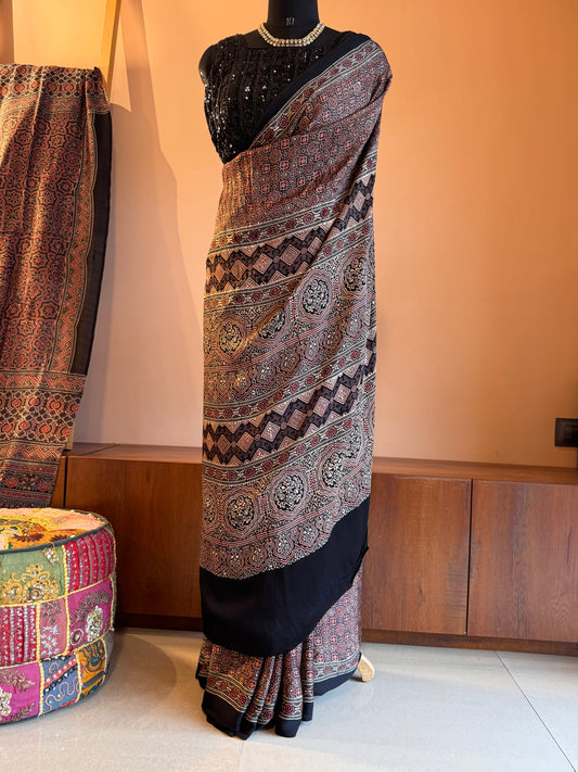 Ajrakh modal silk Saree Handblock with natural dyes