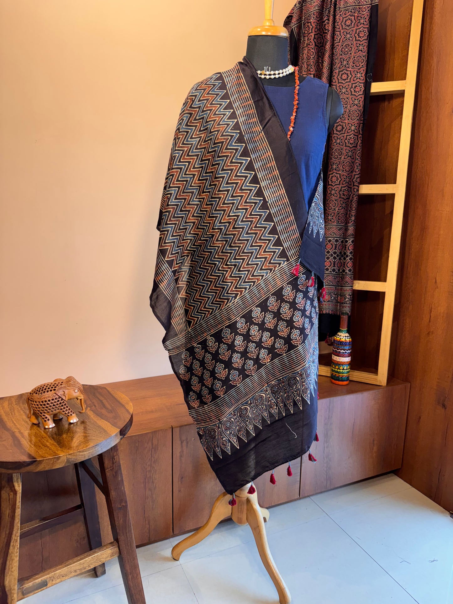 Black Ajrakh Chanderi silk stole with tassles-handblock with Natural Dyes-LEHREIN
