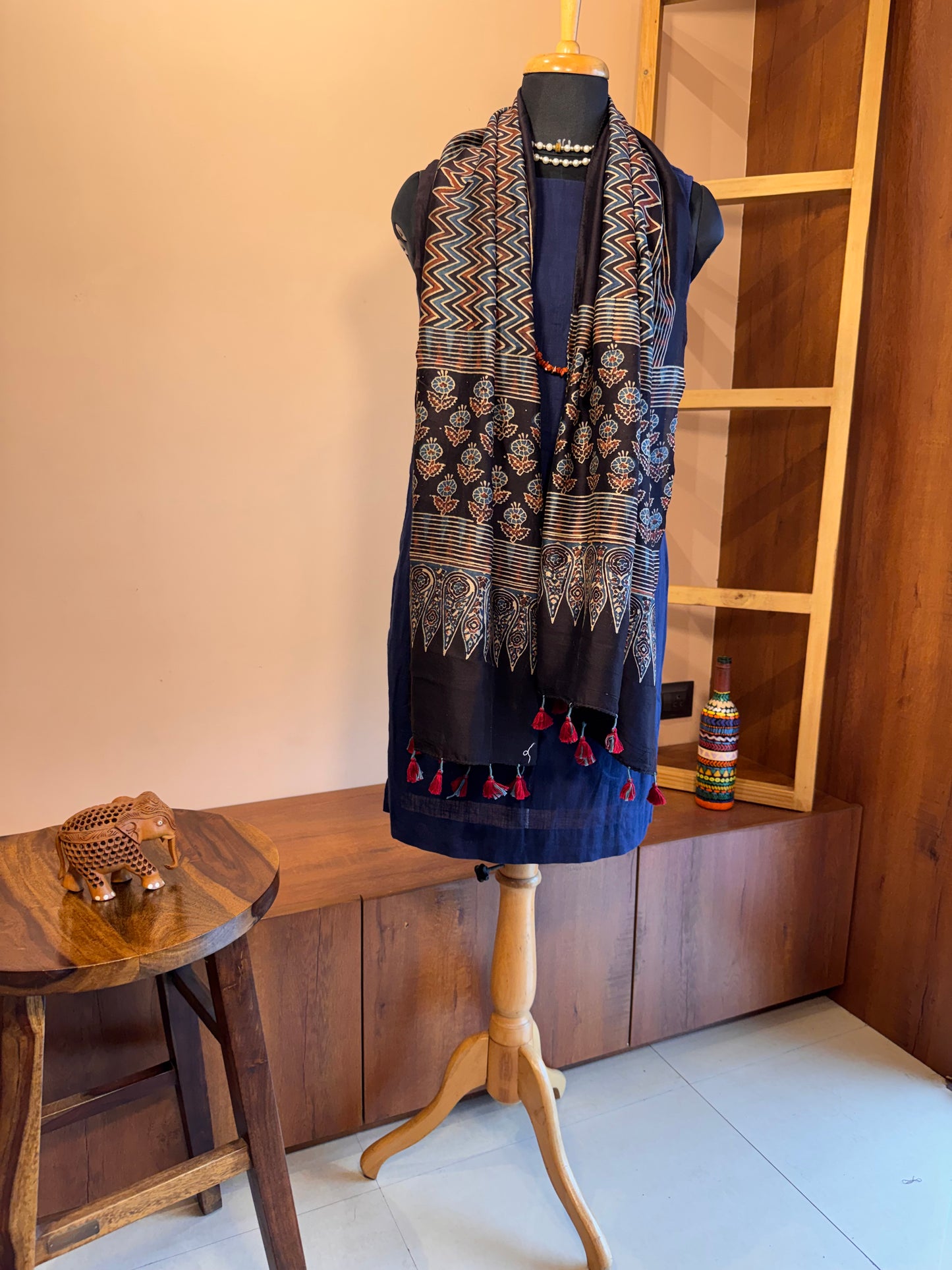 Black Ajrakh Chanderi silk stole with tassles-handblock with Natural Dyes-LEHREIN