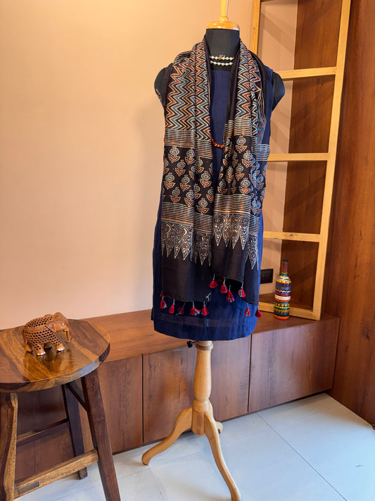Black Ajrakh Chanderi silk stole with tassles-handblock with Natural Dyes-LEHREIN