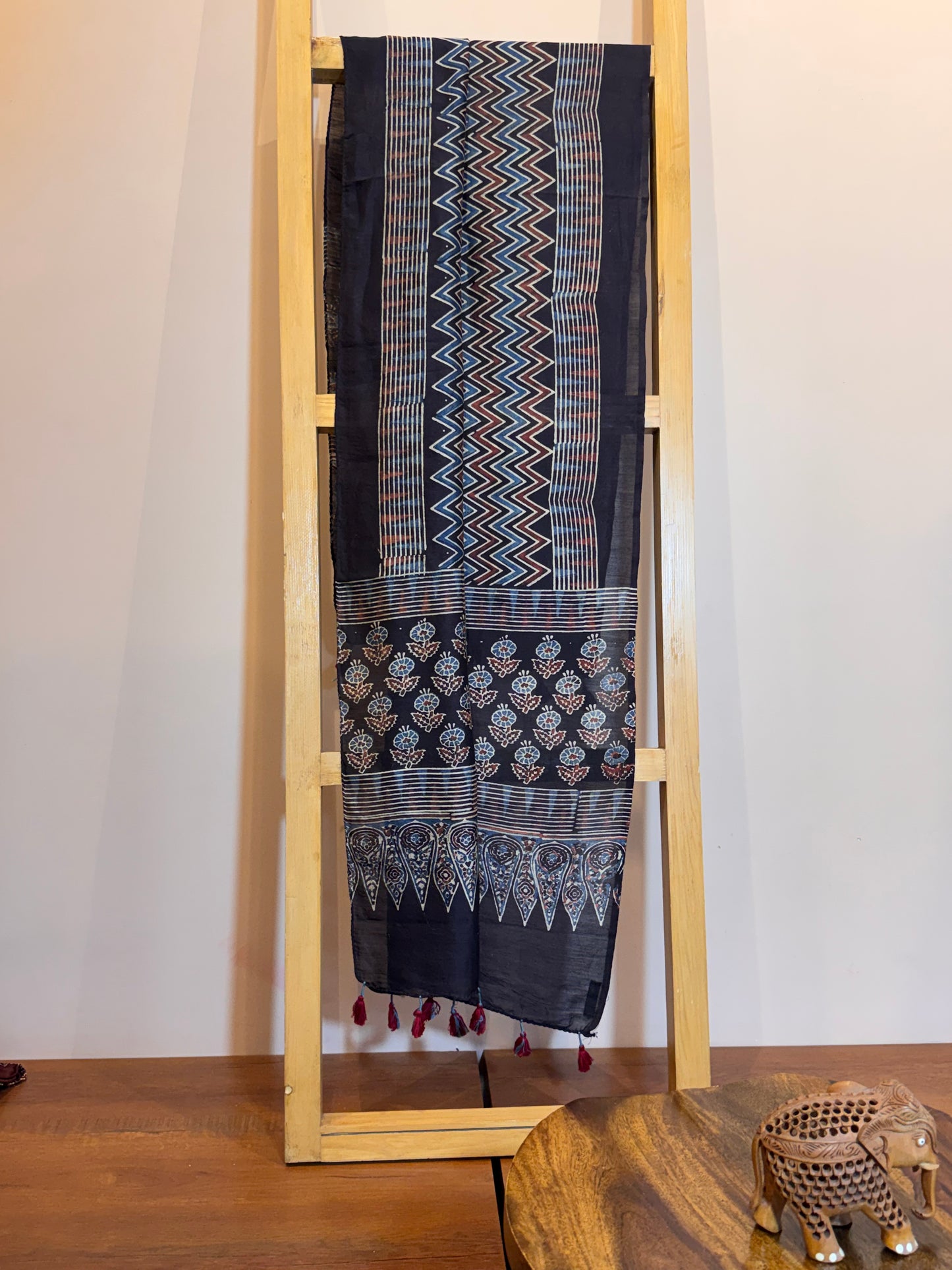Black Ajrakh Chanderi silk stole with tassles-handblock with Natural Dyes-LEHREIN