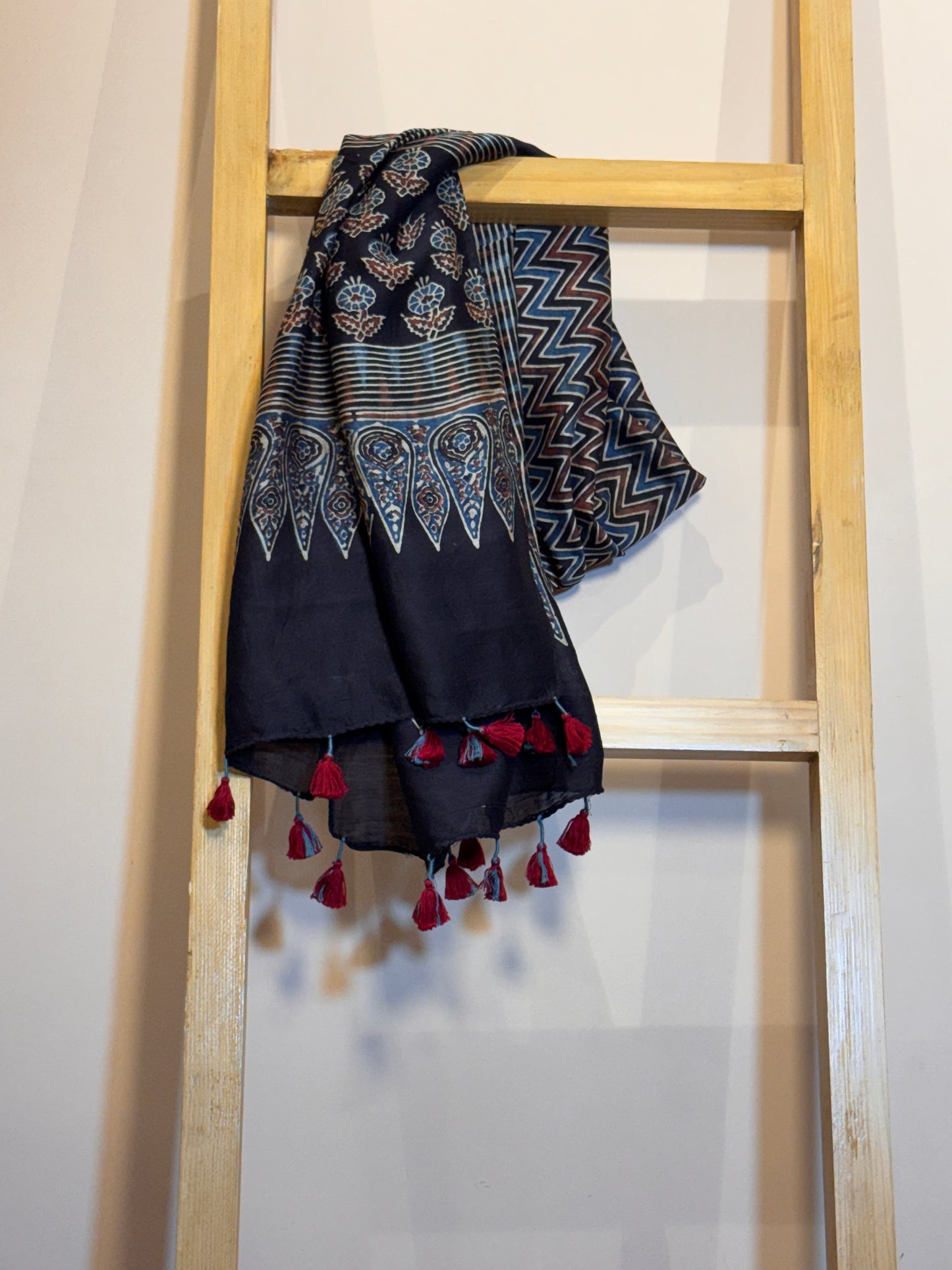 Black Ajrakh Chanderi silk stole with tassles-handblock with Natural Dyes-LEHREIN