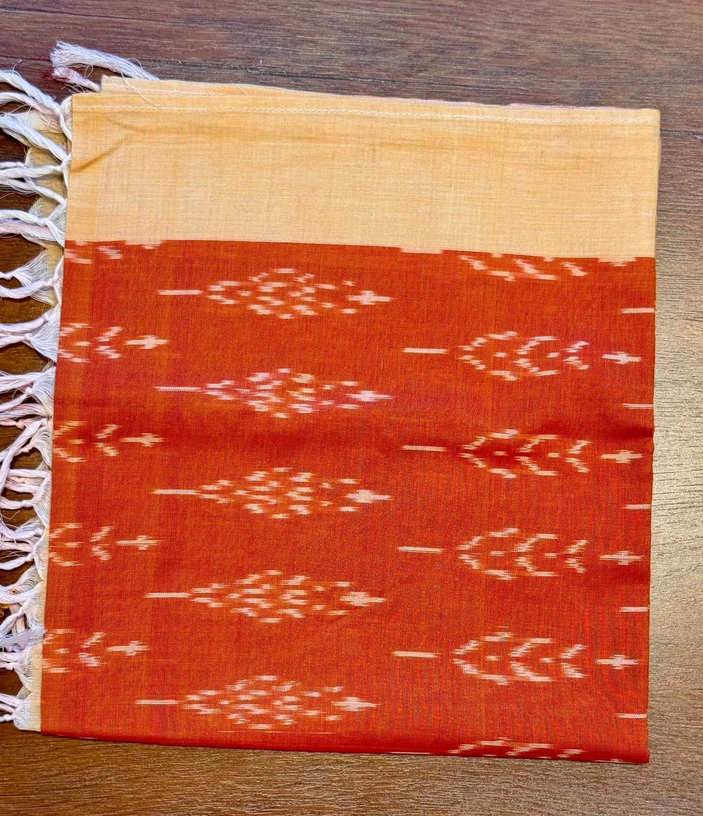 Orange with yellow Border Ikat Cotton Handwoven Stole with tassles-SANTARA