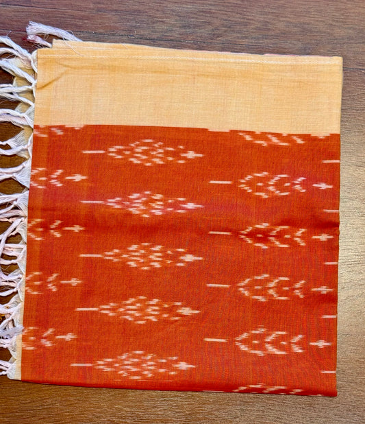 Orange with yellow Border Ikat Cotton Handwoven Stole with tassles-SANTARA