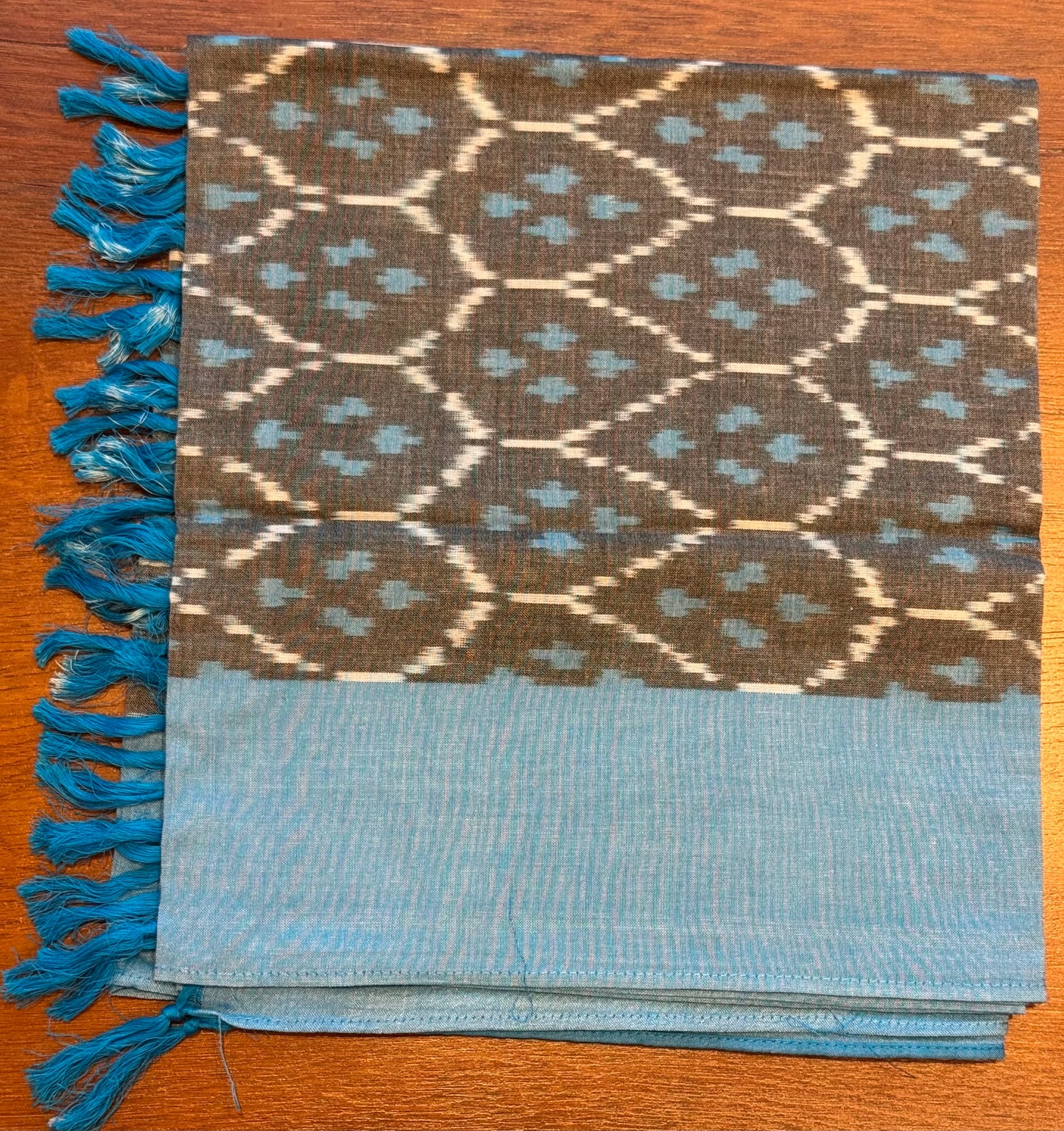 Grey with blue Border Ikat Cotton Handwoven Stole with tassles- GREY