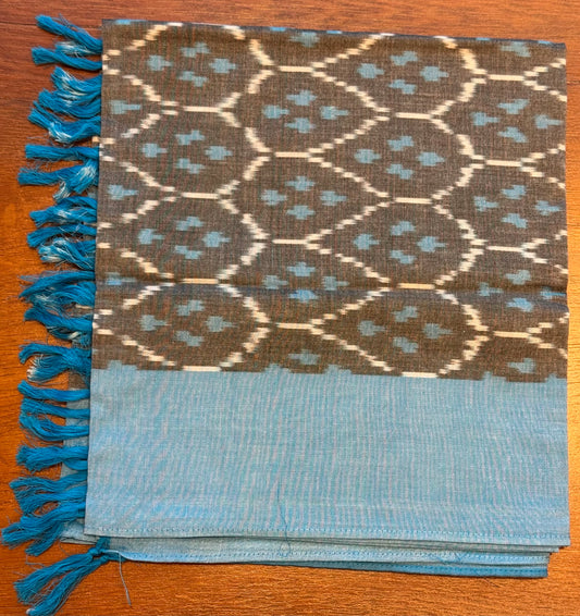 Grey with blue Border Ikat Cotton Handwoven Stole with tassles- GREY