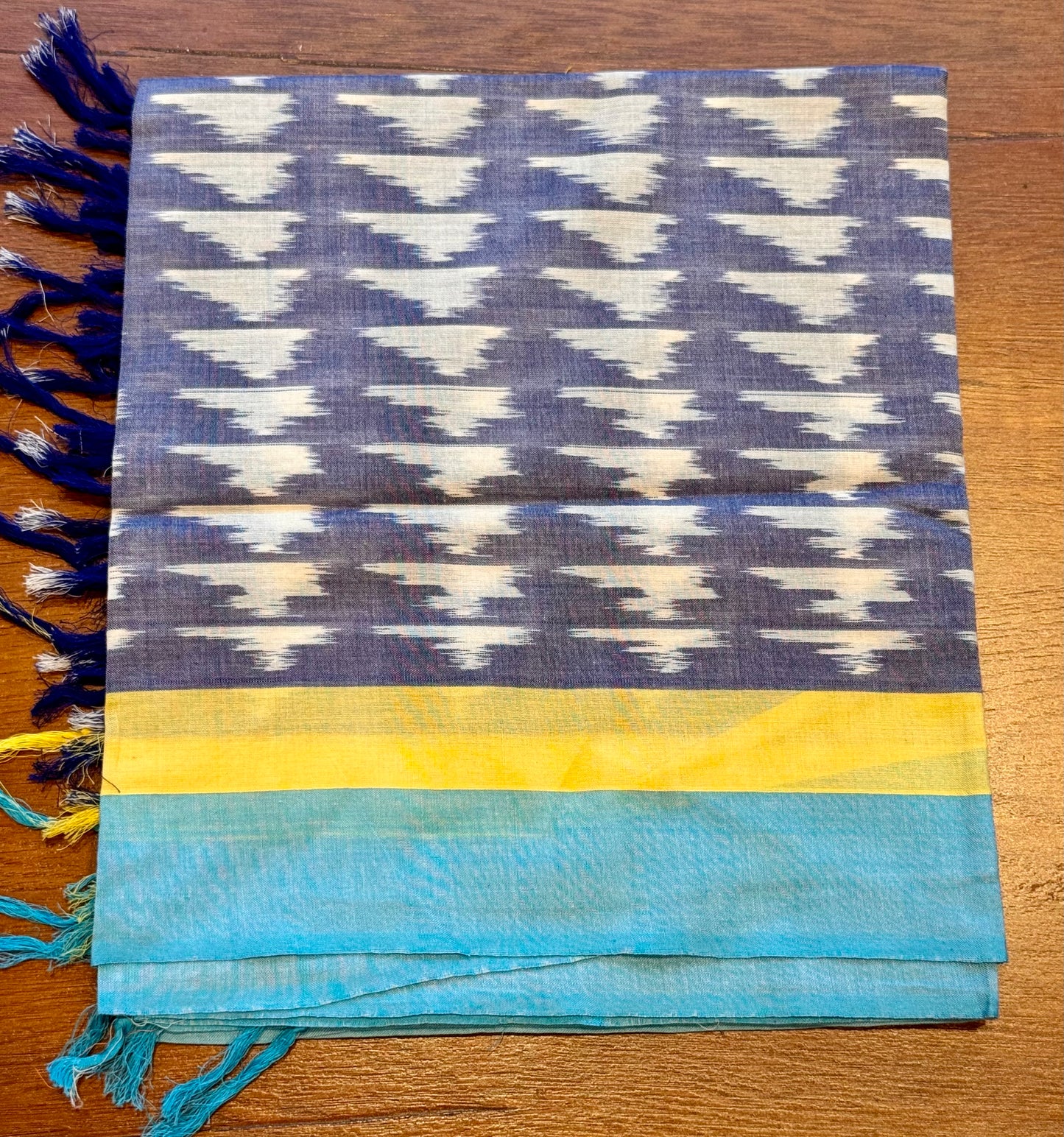 Purple with yellow and blue Border Ikat Cotton Handwoven Stole with tassles- NEELAPEELA