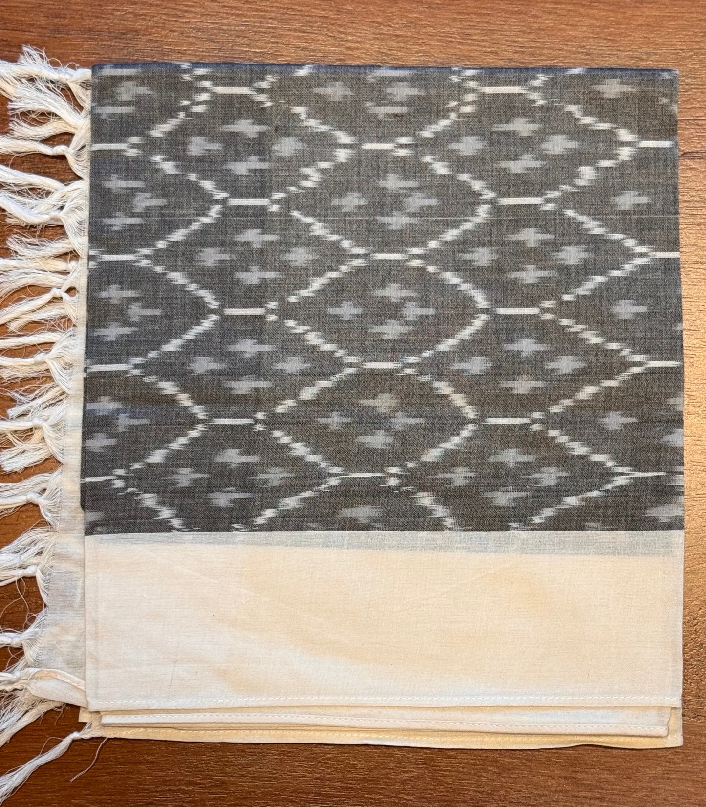 Grey with cream Border Ikat Cotton Handwoven Stole with tassles- CREAM