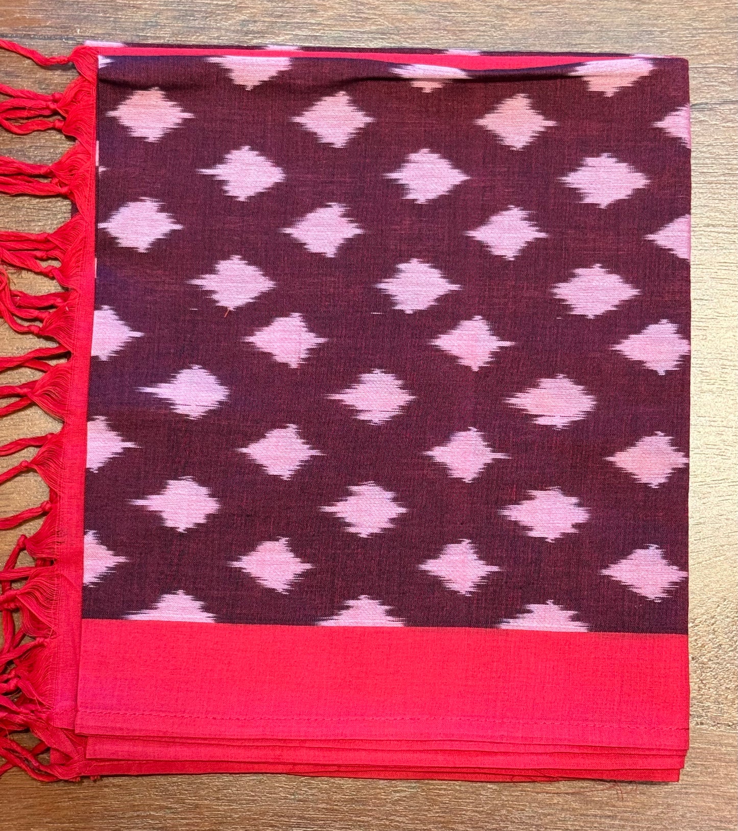 Brown with Red Border Ikat Cotton Handwoven Stole with tassles- LAAL