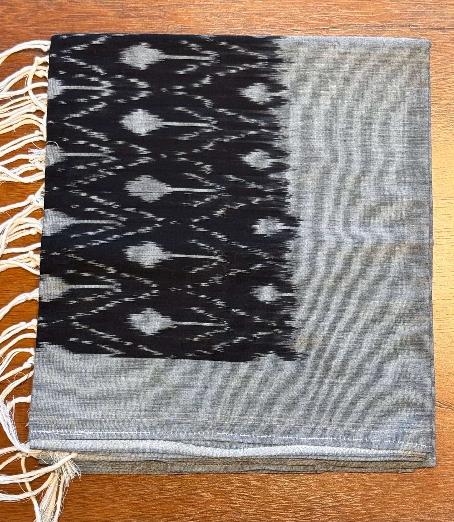 Black with Grey Border Ikat Cotton Handwoven Stole with tassles- KAALA