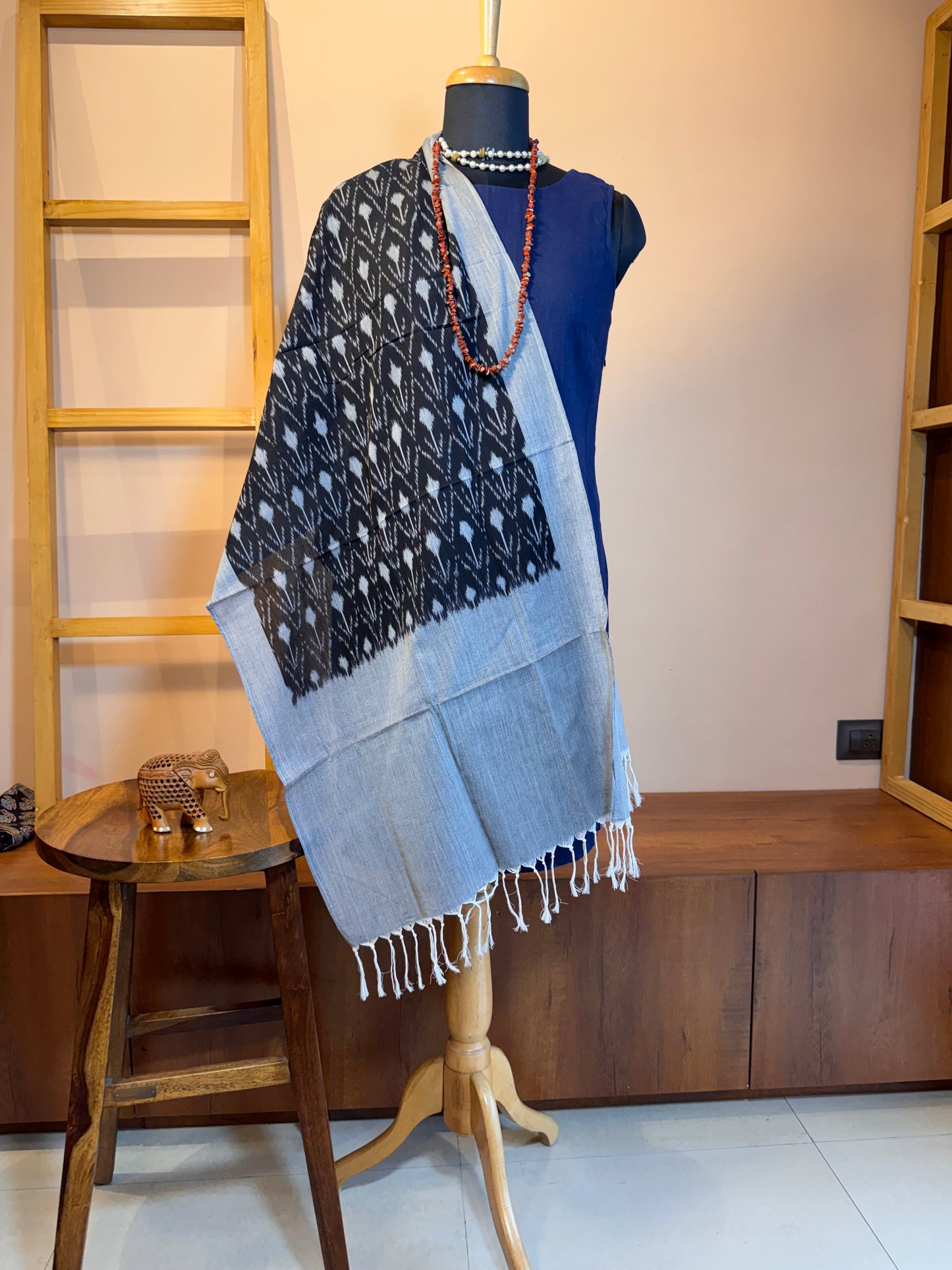 Black with Grey Border Ikat Cotton Handwoven Stole with tassles- KAALA
