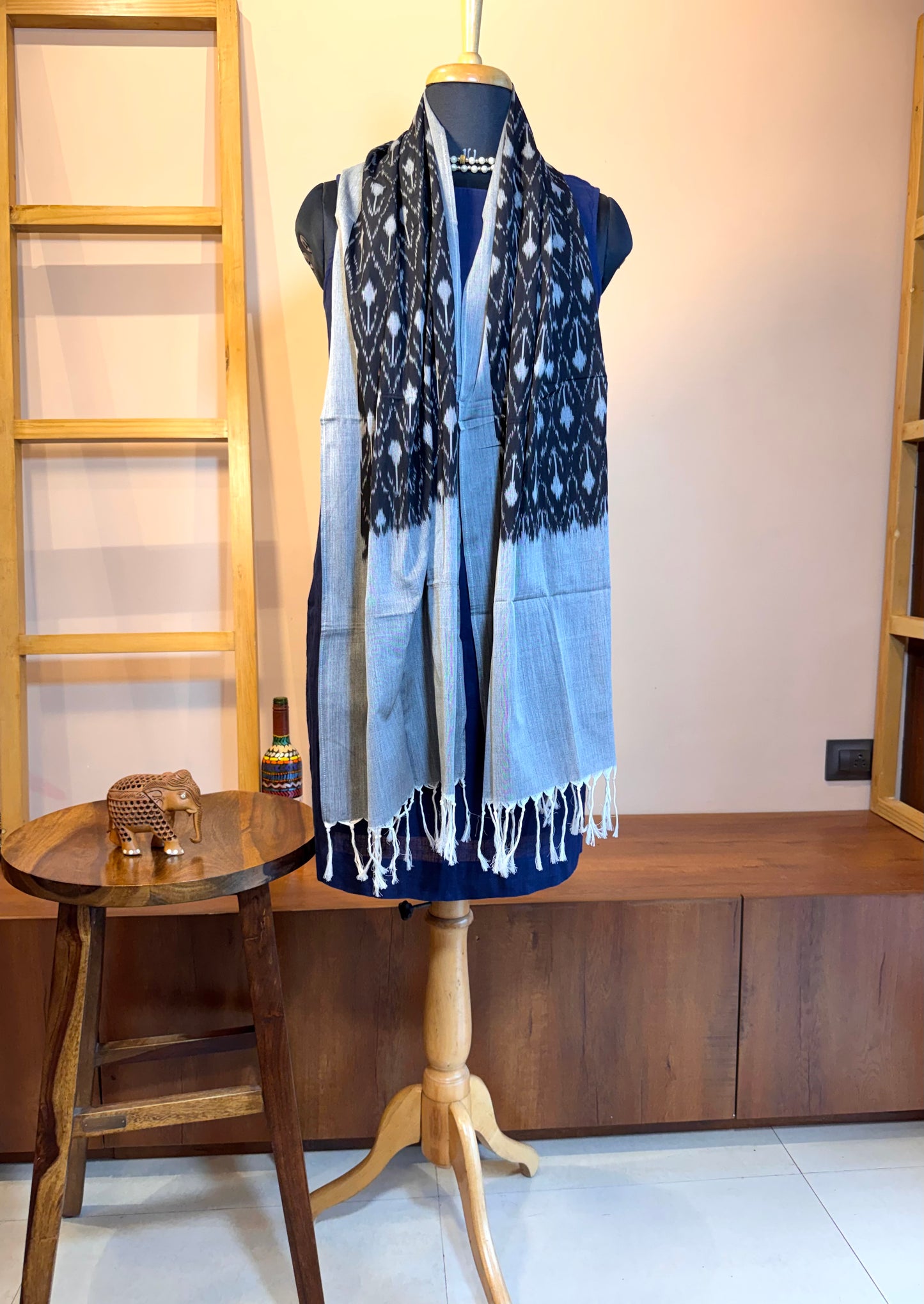 Black with Grey Border Ikat Cotton Handwoven Stole with tassles- KAALA