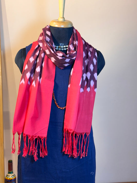 Brown with Red Border Ikat Cotton Handwoven Stole with tassles- LAAL