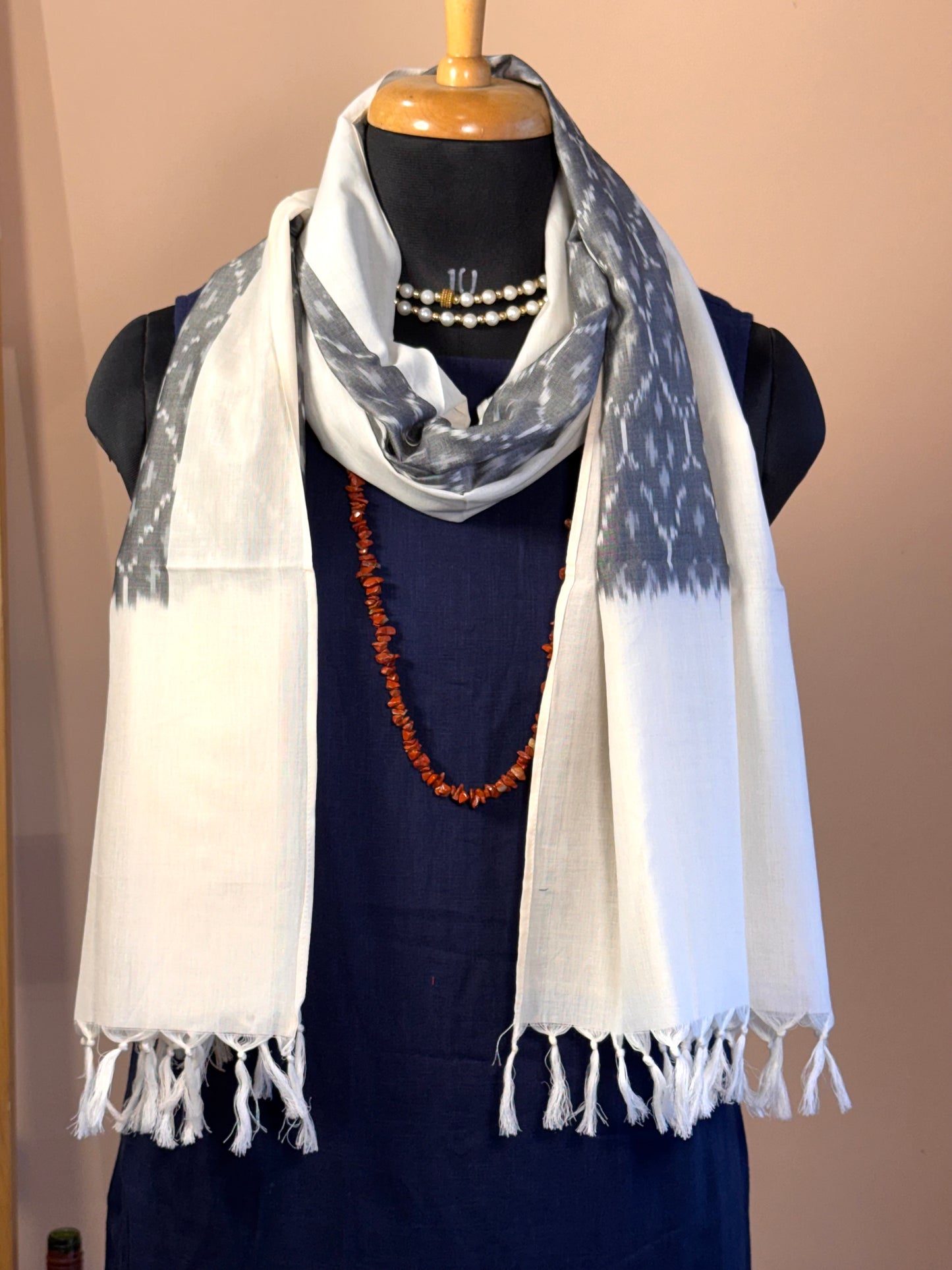 Grey with cream Border Ikat Cotton Handwoven Stole with tassles- CREAM
