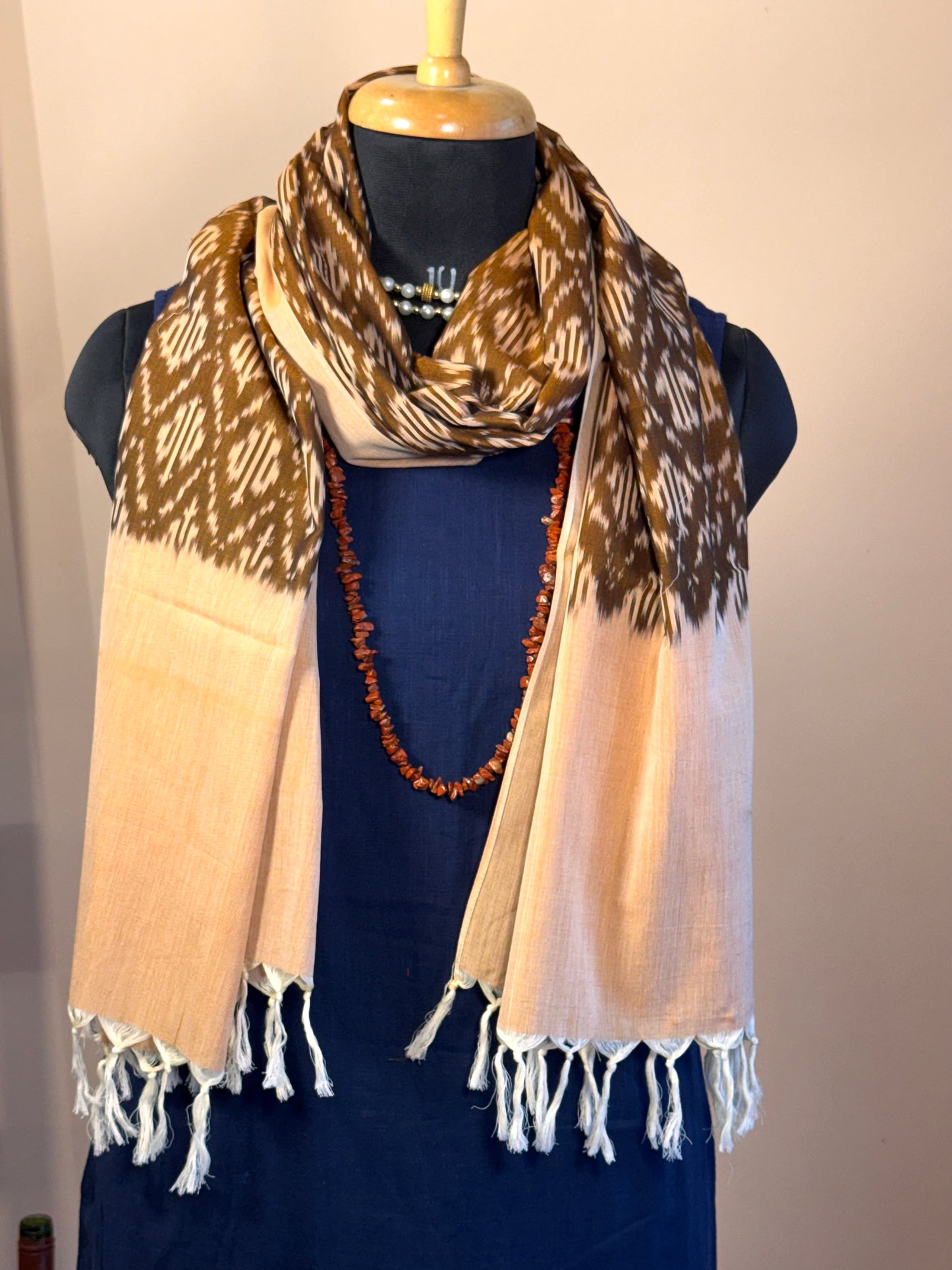 Brown with peach Border Ikat Cotton Handwoven Stole with tassles- BHOORA