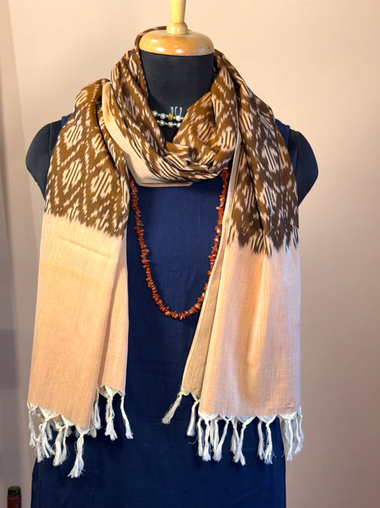 Brown with peach Border Ikat Cotton Handwoven Stole with tassles- BHOORA