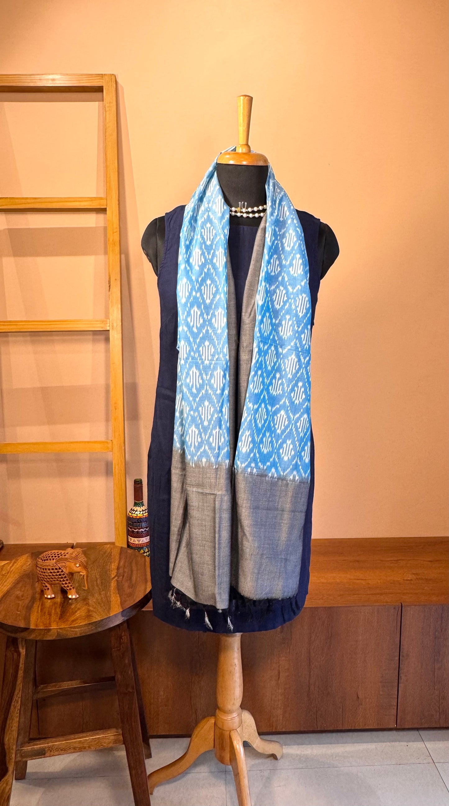 Blue with Grey Border Ikat Cotton Handwoven Stole with tassles- NEELA