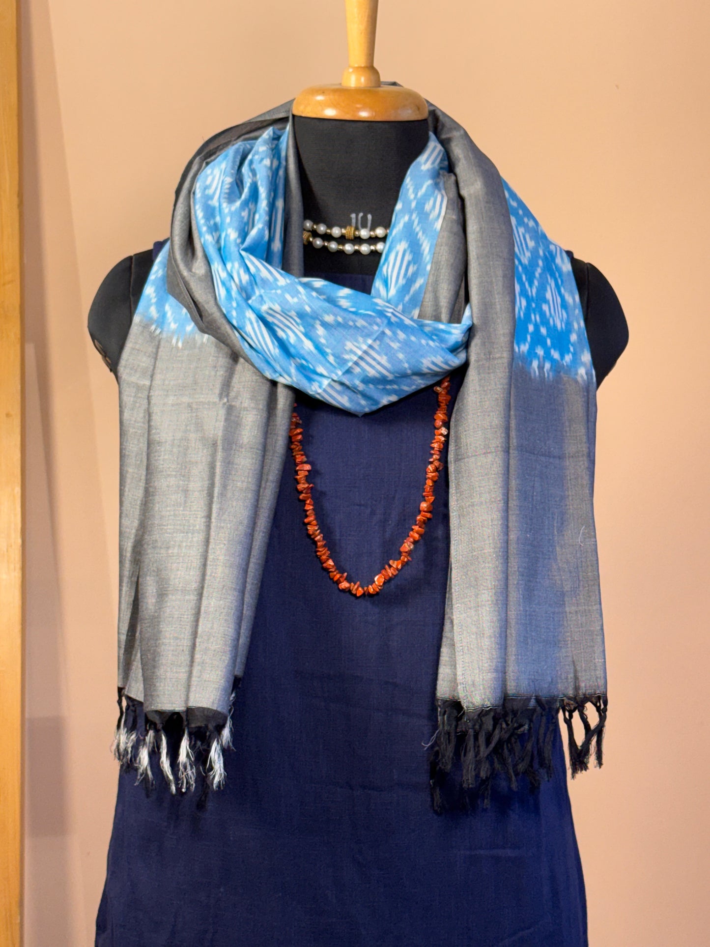 Blue with Grey Border Ikat Cotton Handwoven Stole with tassles- NEELA