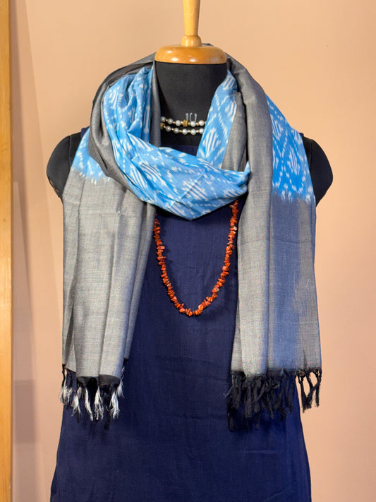 Blue with Grey Border Ikat Cotton Handwoven Stole with tassles- NEELA