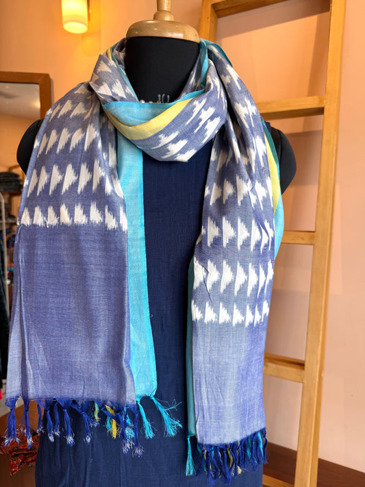 Purple with yellow and blue Border Ikat Cotton Handwoven Stole with tassles- NEELAPEELA