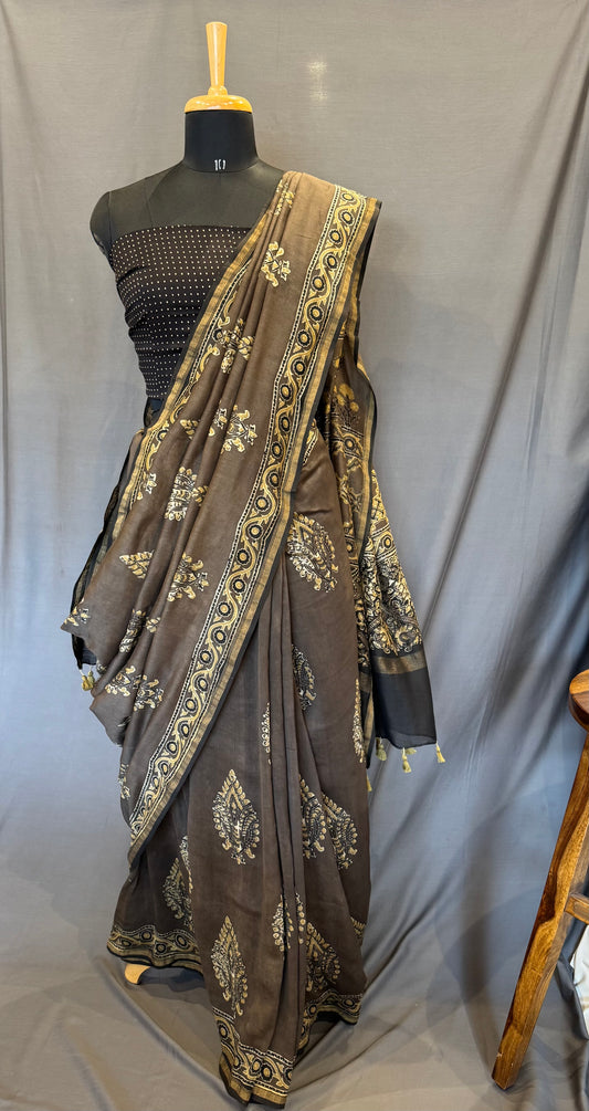 Ajrakh Chanderi Handblock Saree-Grey