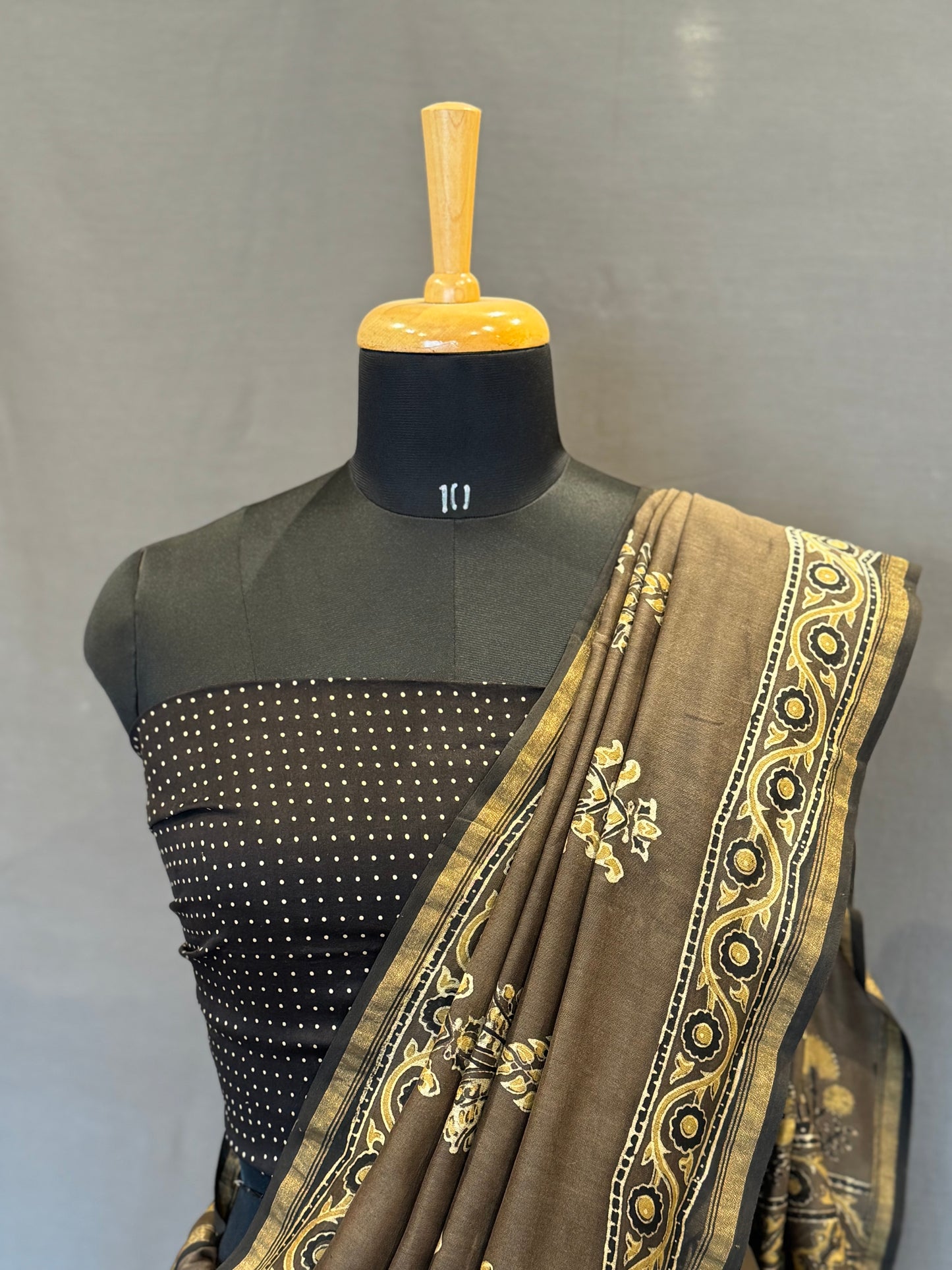 Ajrakh Chanderi Handblock Saree-Grey