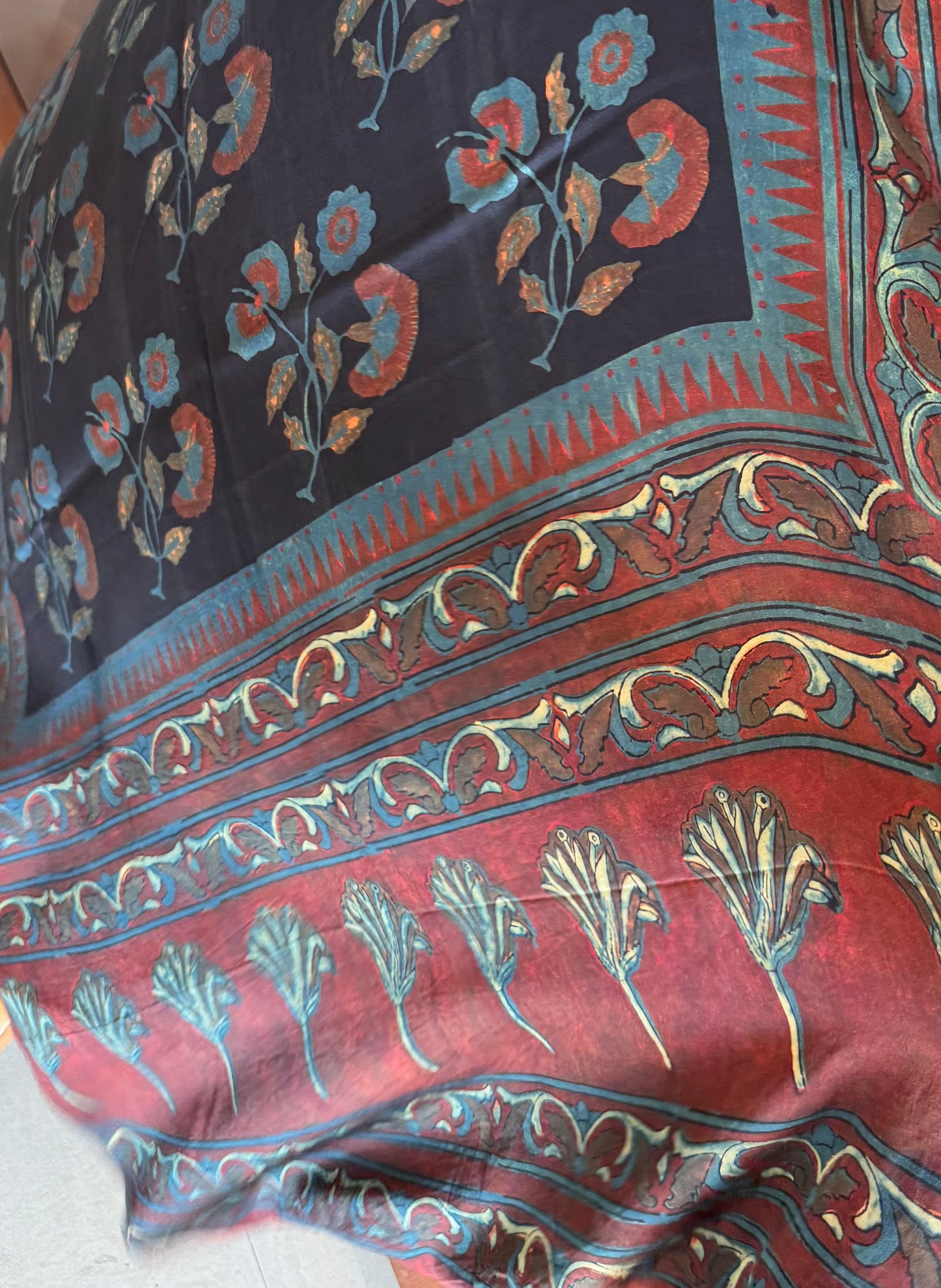 Black and Red Modal silk hand printed dupatta bagru